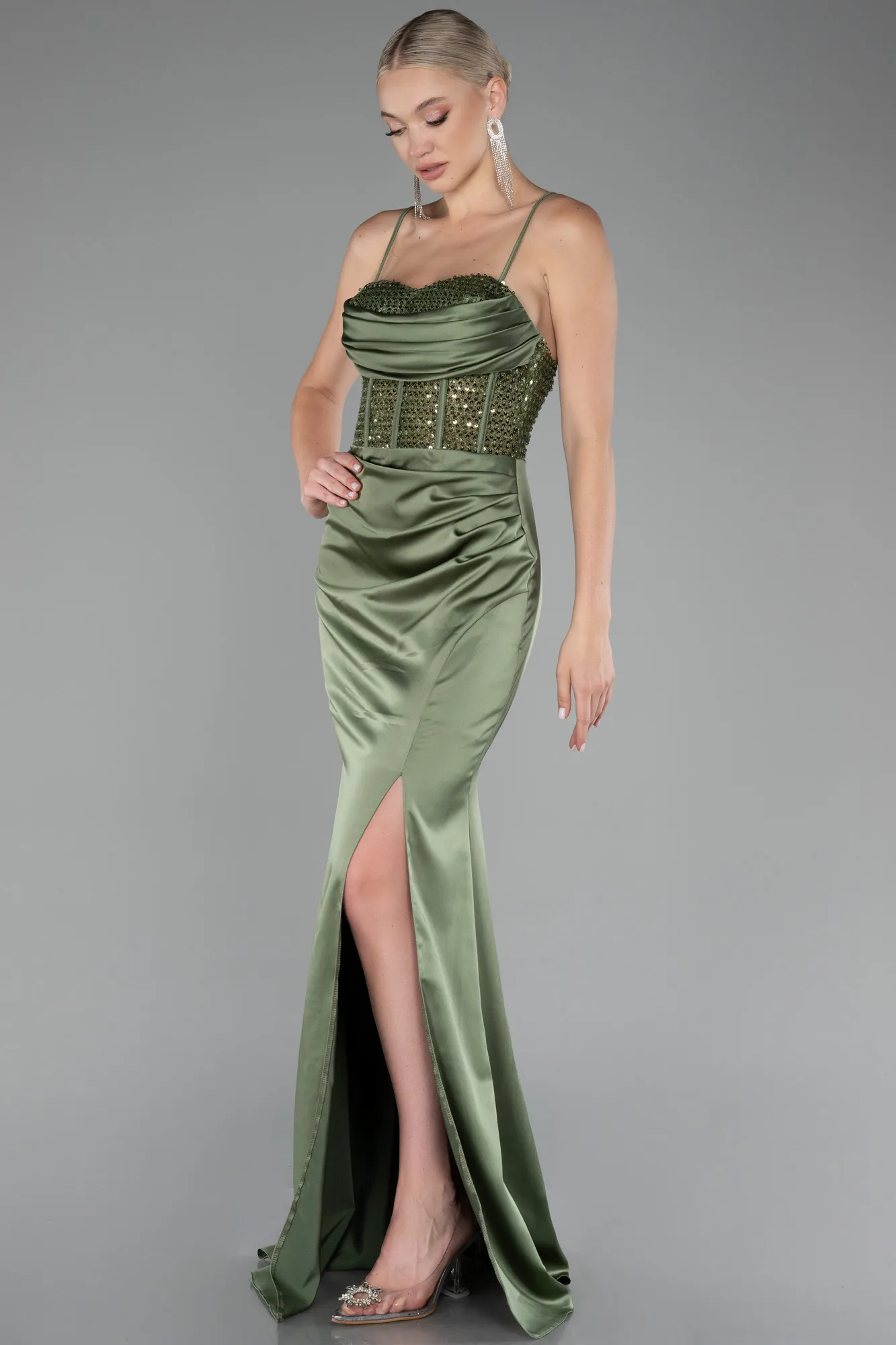 Olive Drab-Sequin Slit On Top Long Satin Evening Gown ABU4068