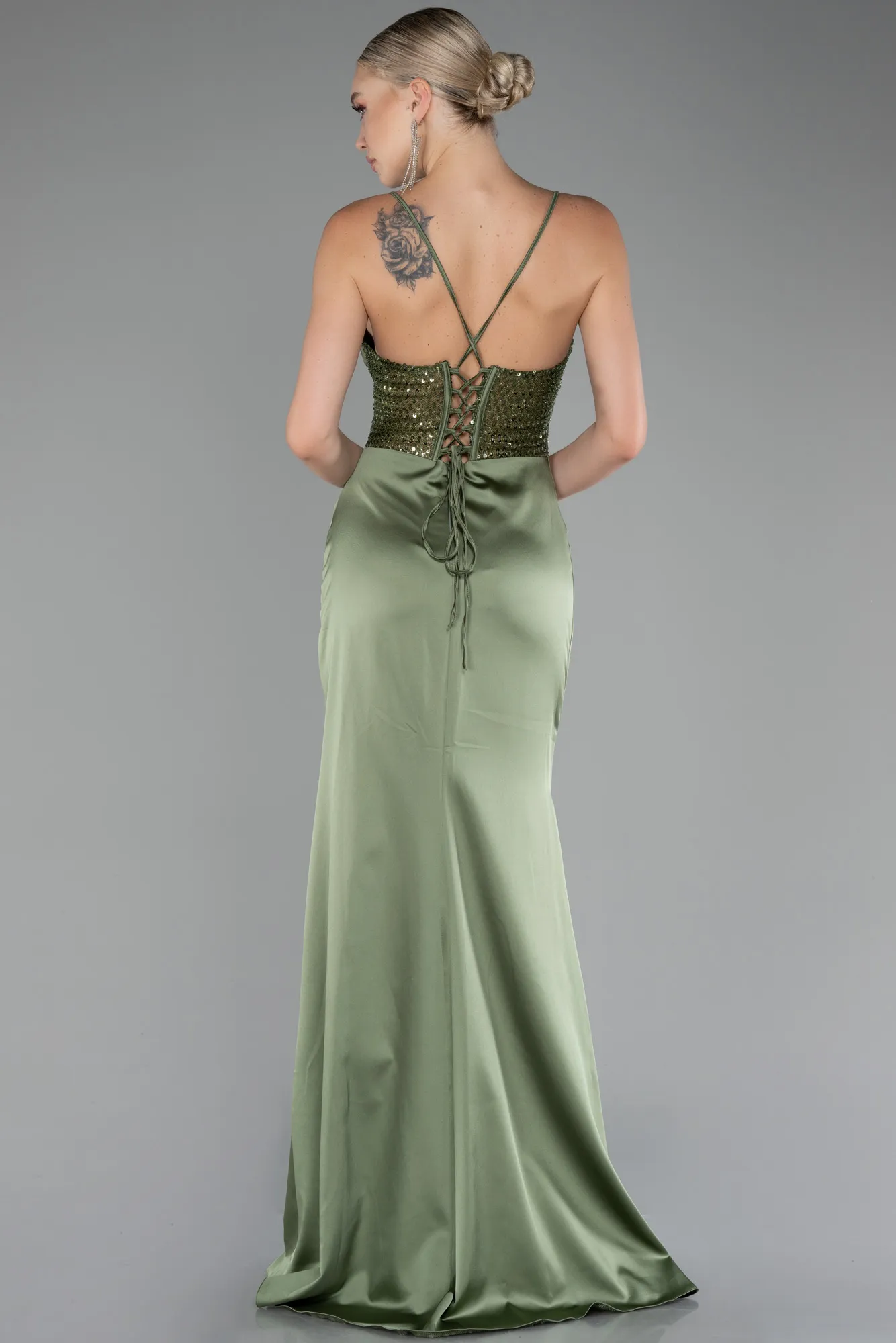 Olive Drab-Sequin Slit On Top Long Satin Evening Gown ABU4068