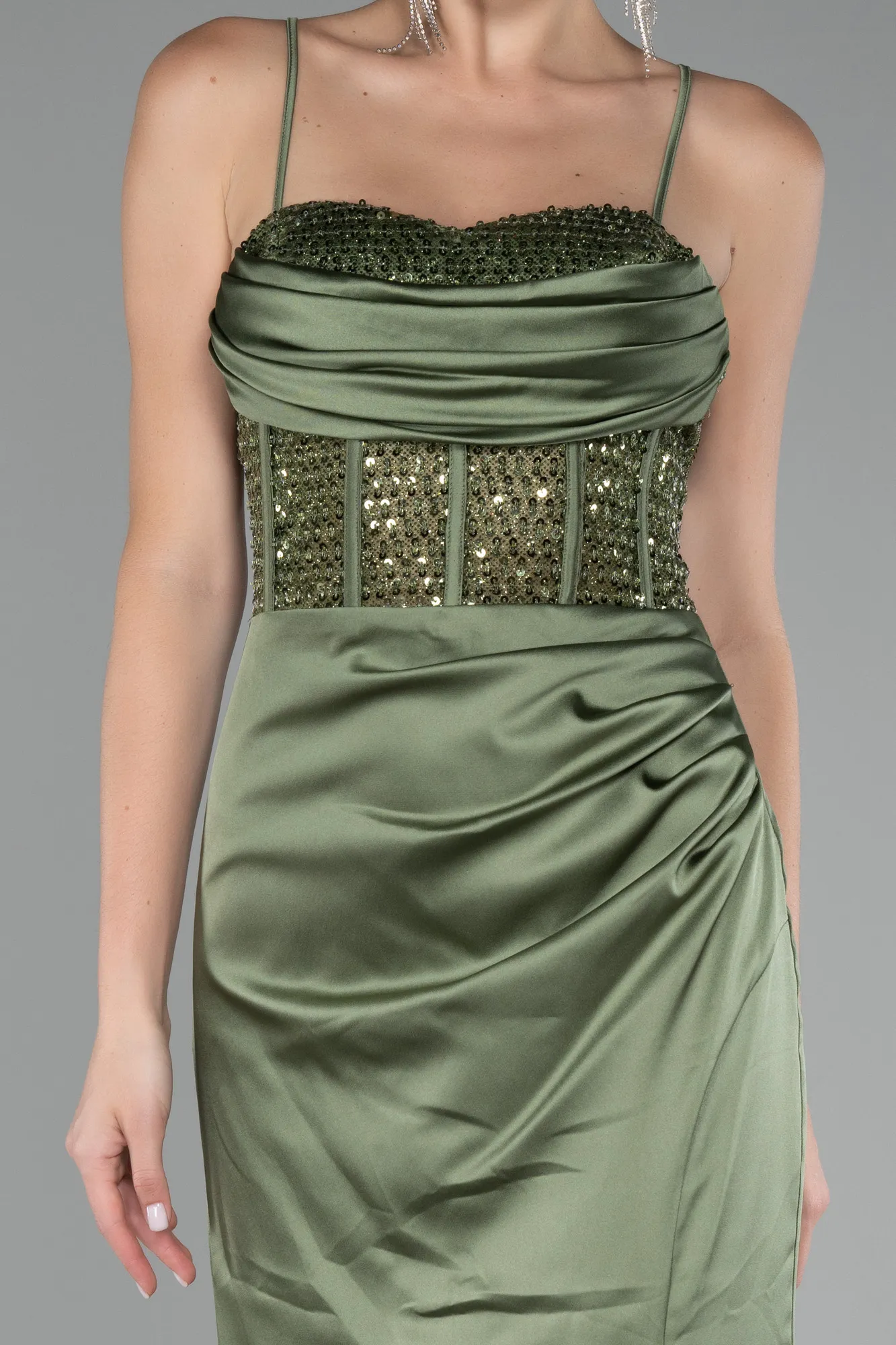 Olive Drab-Sequin Slit On Top Long Satin Evening Gown ABU4068