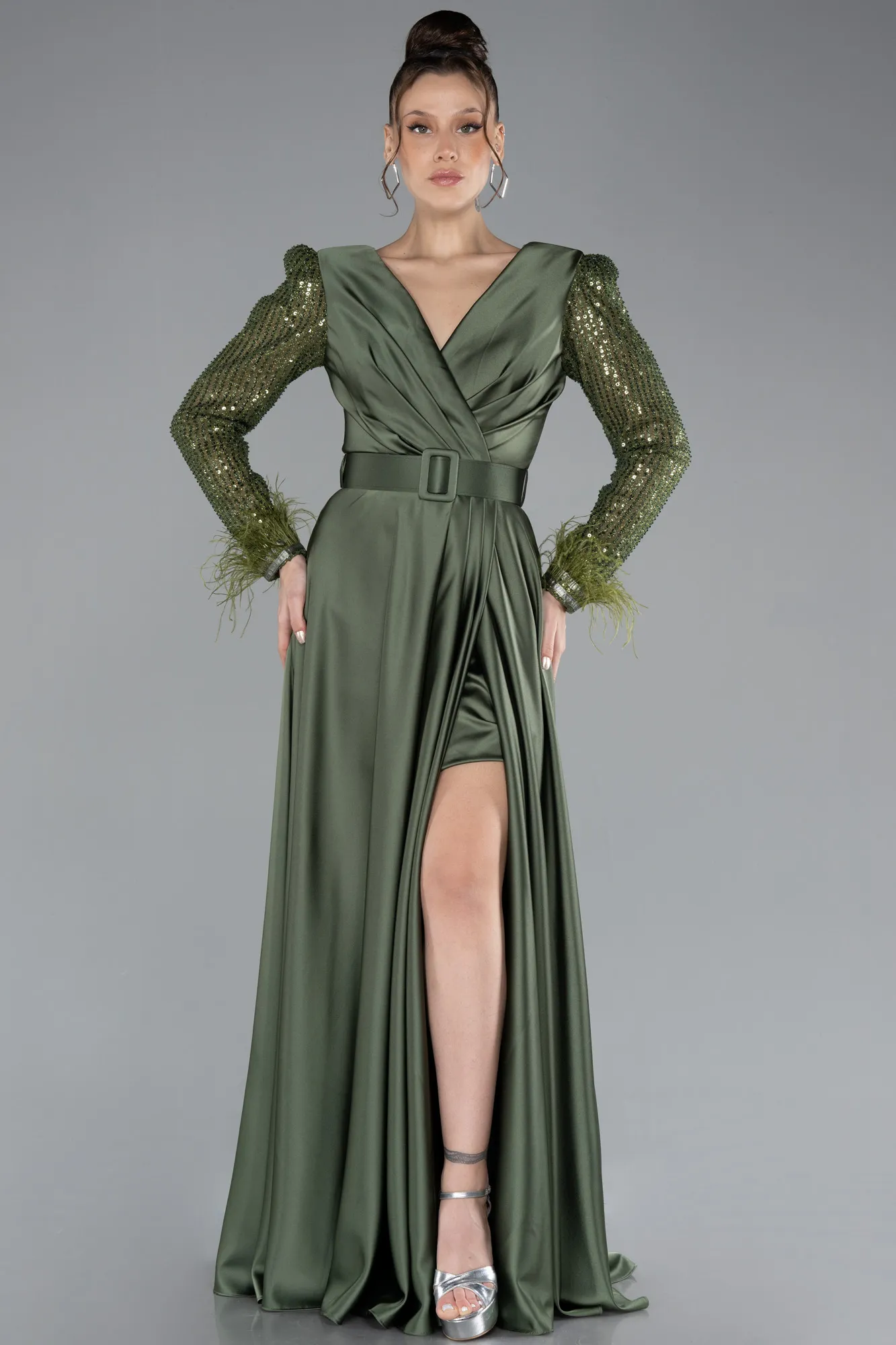 Olive Drab-Sequined Long Sleeve Slit Satin Evening Dress ABU4399