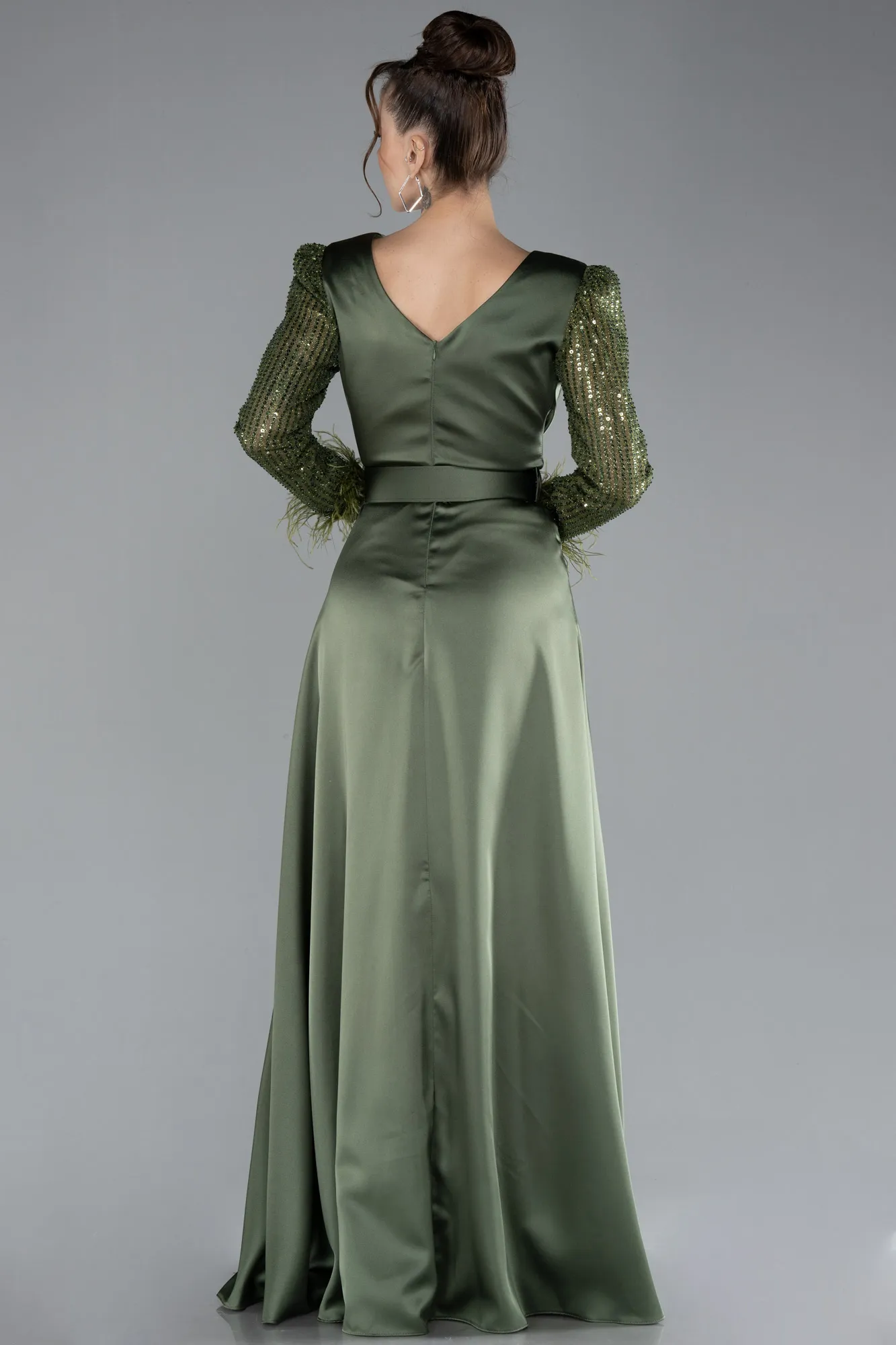 Olive Drab-Sequined Long Sleeve Slit Satin Evening Dress ABU4399