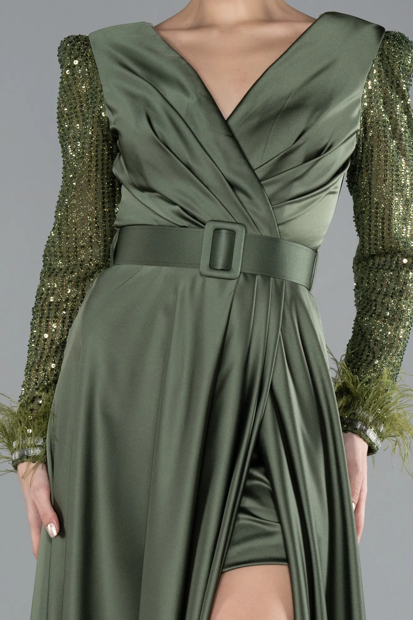 Olive Drab-Sequined Long Sleeve Slit Satin Evening Dress ABU4399