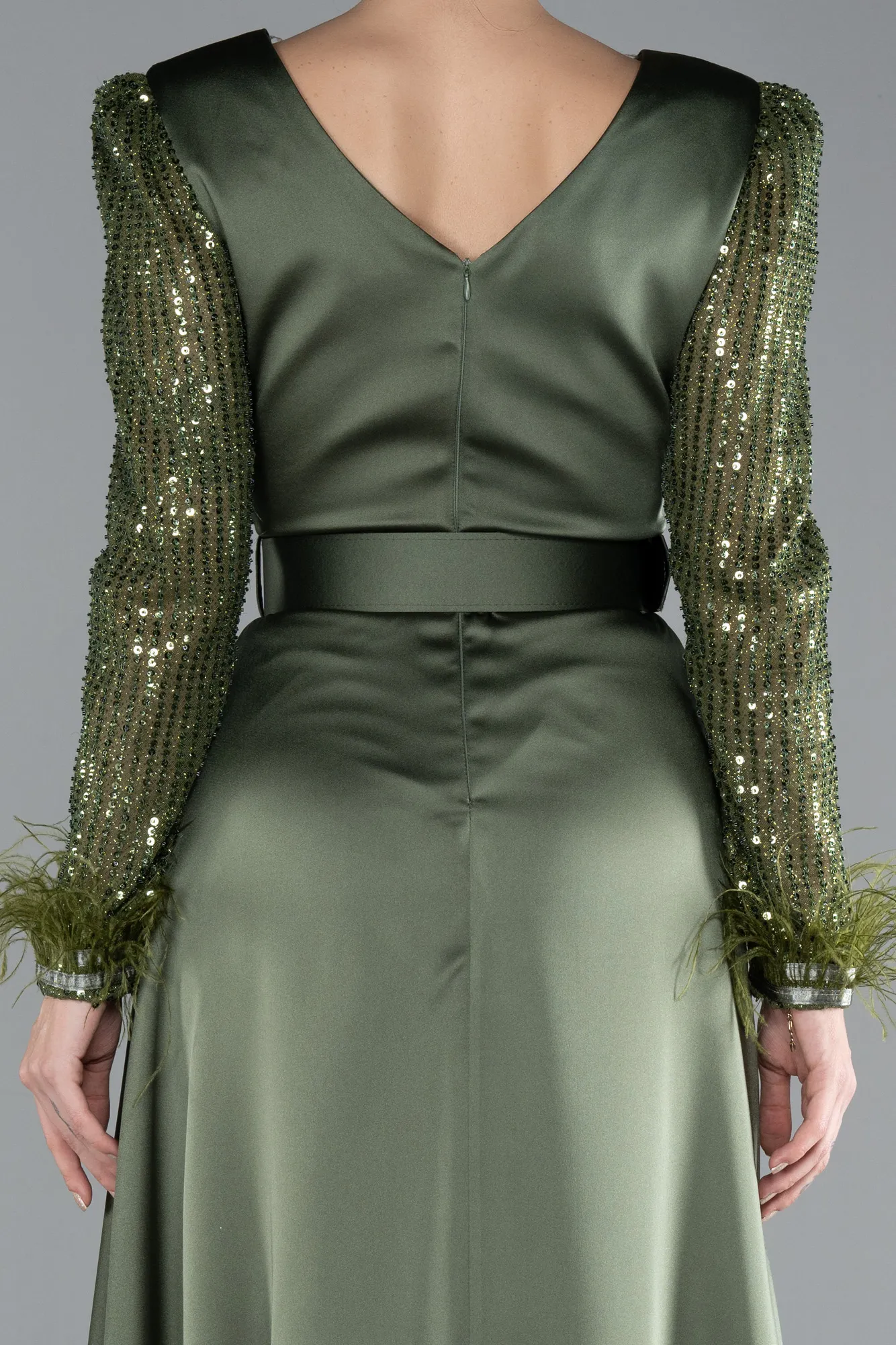 Olive Drab-Sequined Long Sleeve Slit Satin Evening Dress ABU4399