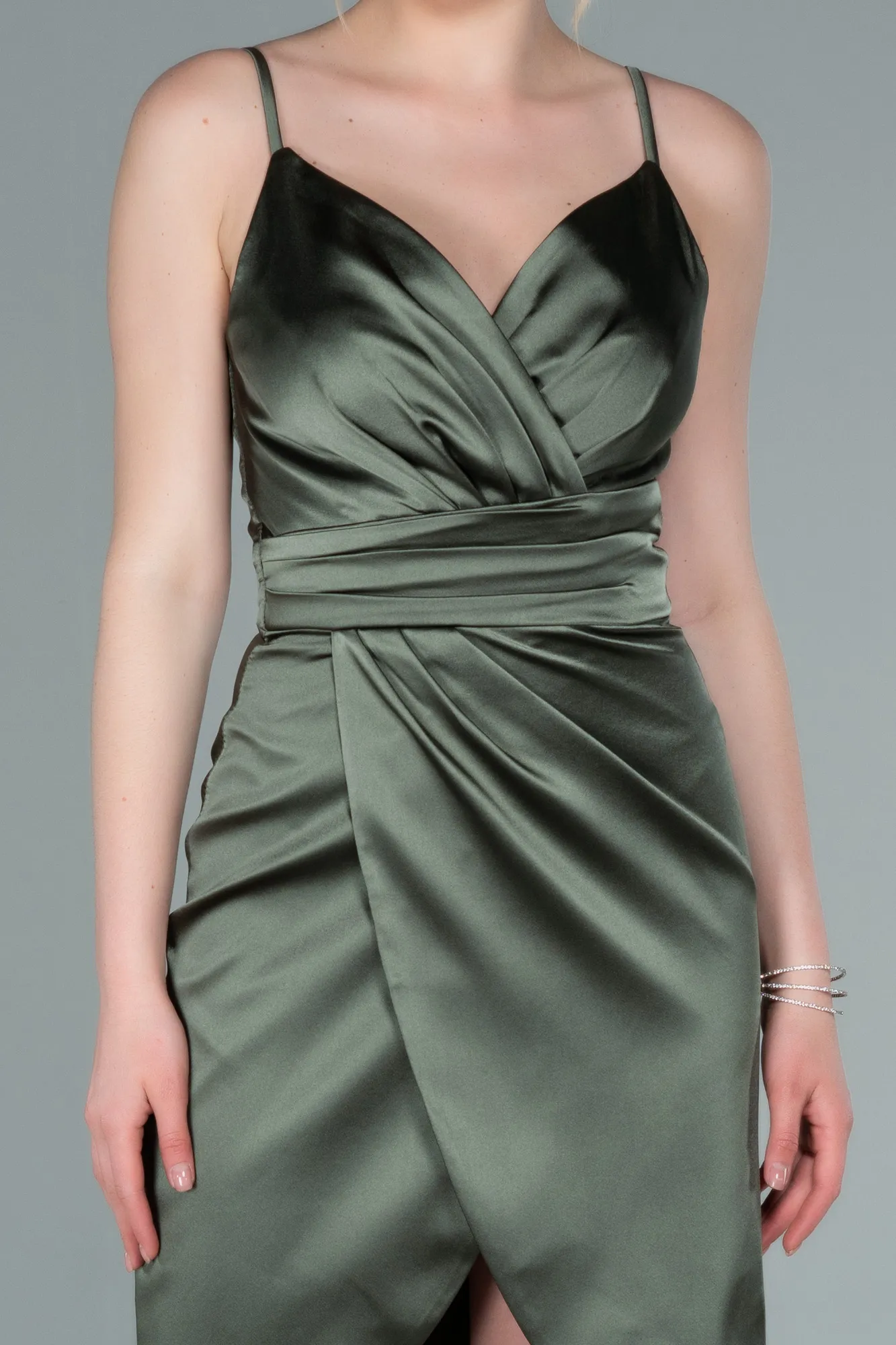 Olive Drab-Short Satin Invitation Dress ABK1081