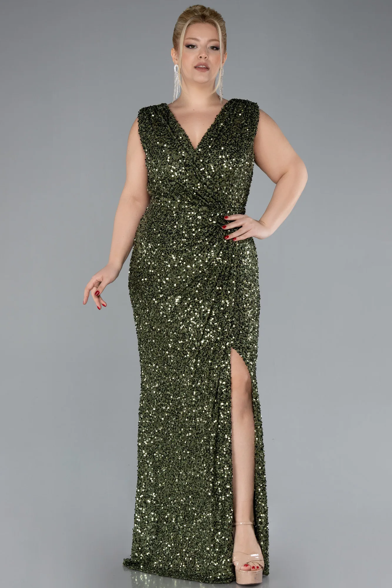 Olive Drab-Sleeveless Slit Long Sequined Plus Size Evening Dress ABU4401