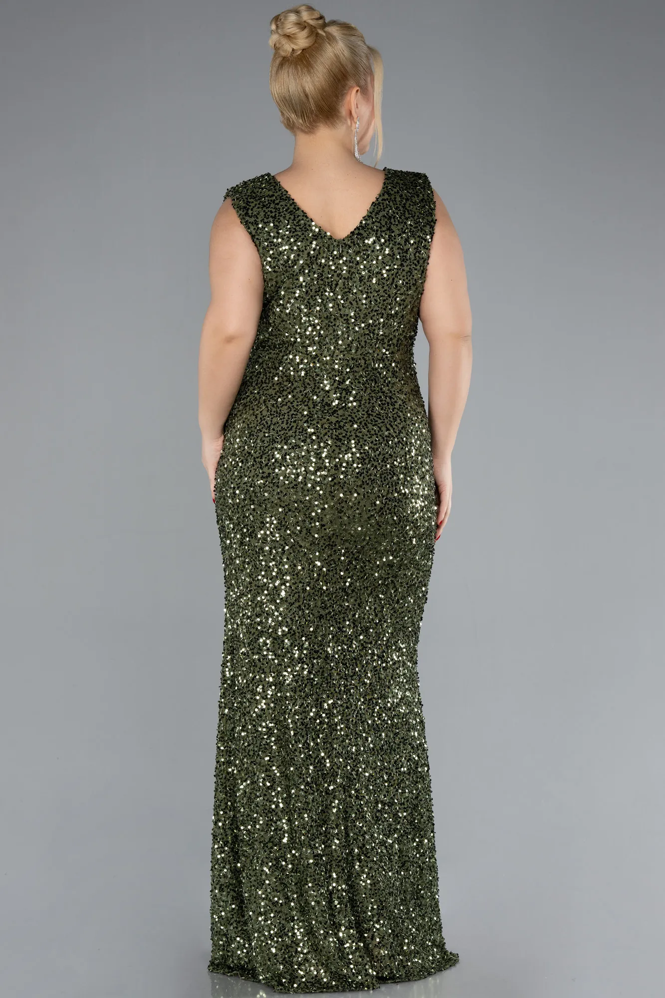 Olive Drab-Sleeveless Slit Long Sequined Plus Size Evening Dress ABU4401