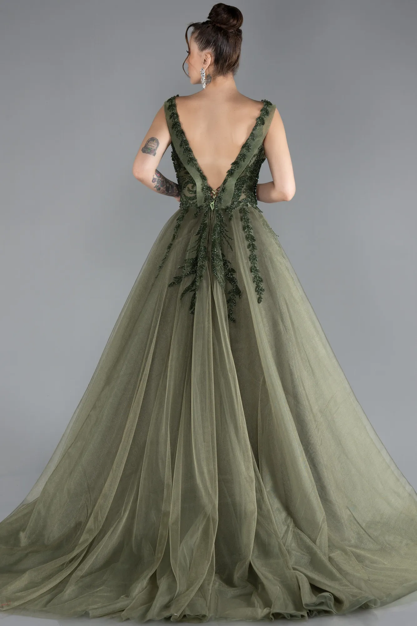 Olive Drab-Sleeveless Stoned Long Plus Size Haute Couture Dress ABU4456