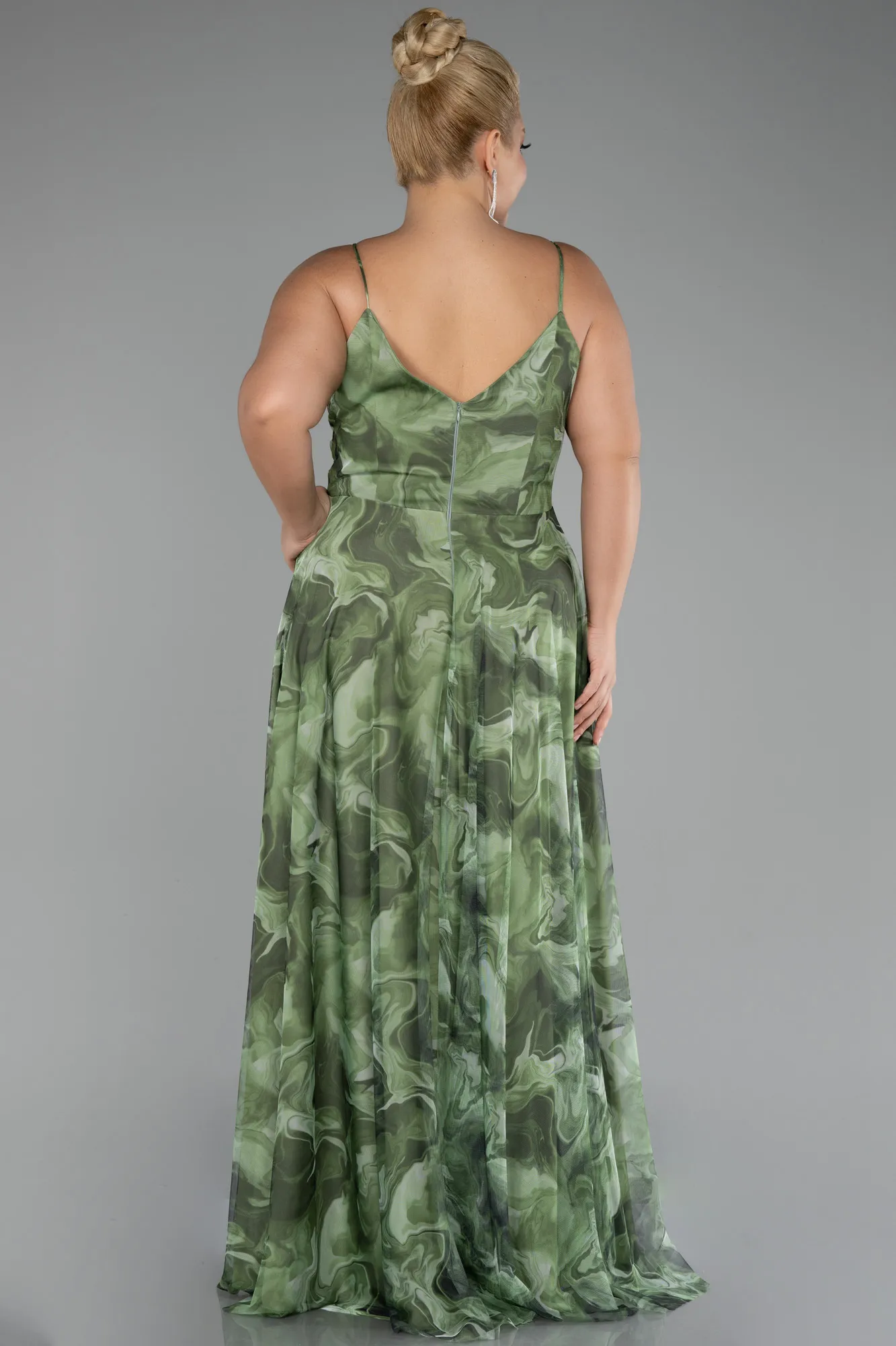 Olive Drab-Slit Long Patterned Plus Size Prom Dress ABU4355