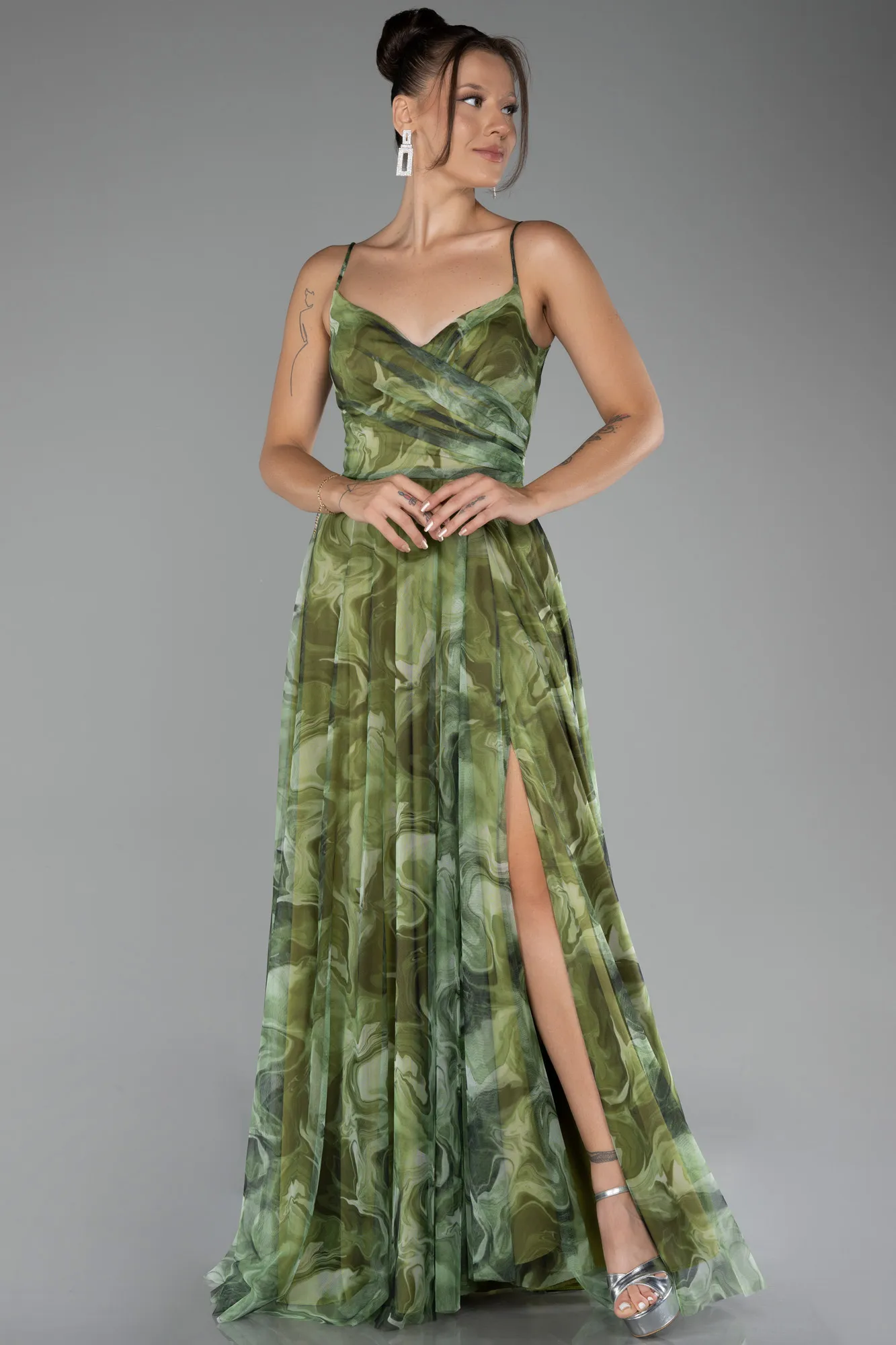 Olive Drab-Slit Long Printed Prom Dress ABU4359