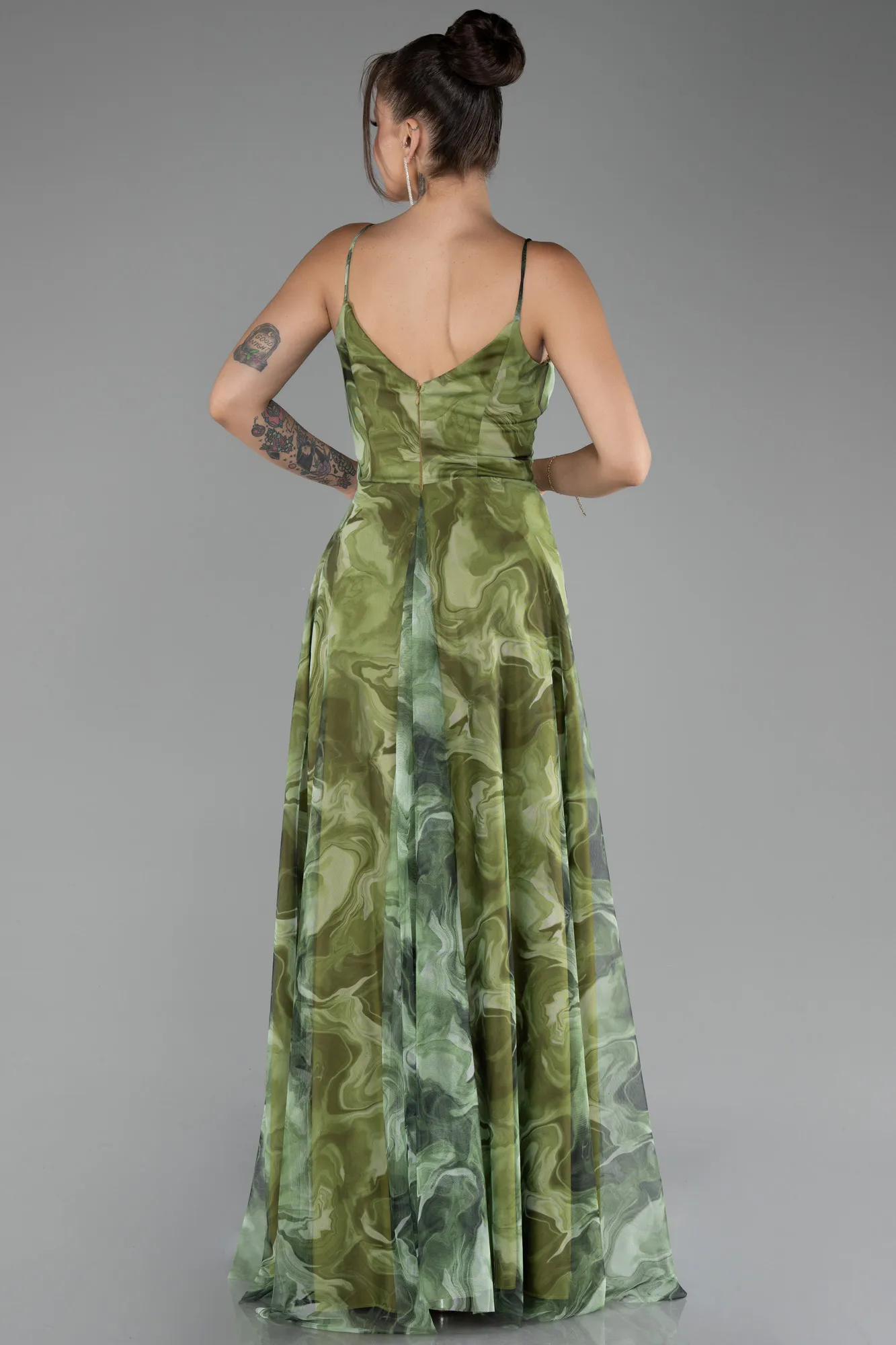 Olive Drab-Slit Long Printed Prom Dress ABU4359