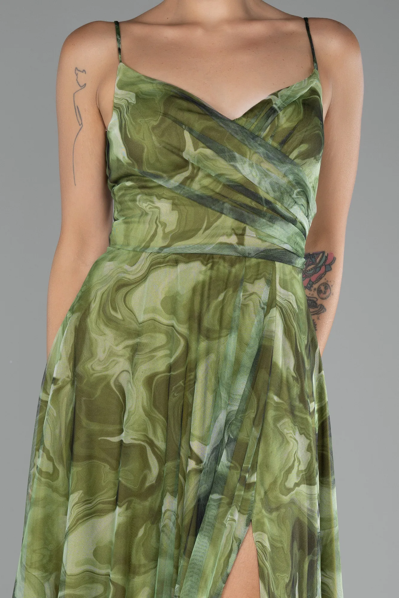 Olive Drab-Slit Long Printed Prom Dress ABU4359