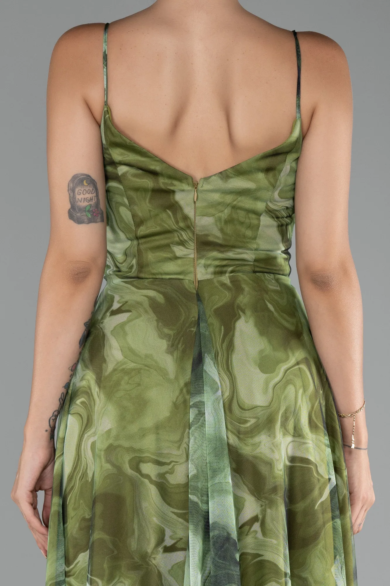 Olive Drab-Slit Long Printed Prom Dress ABU4359