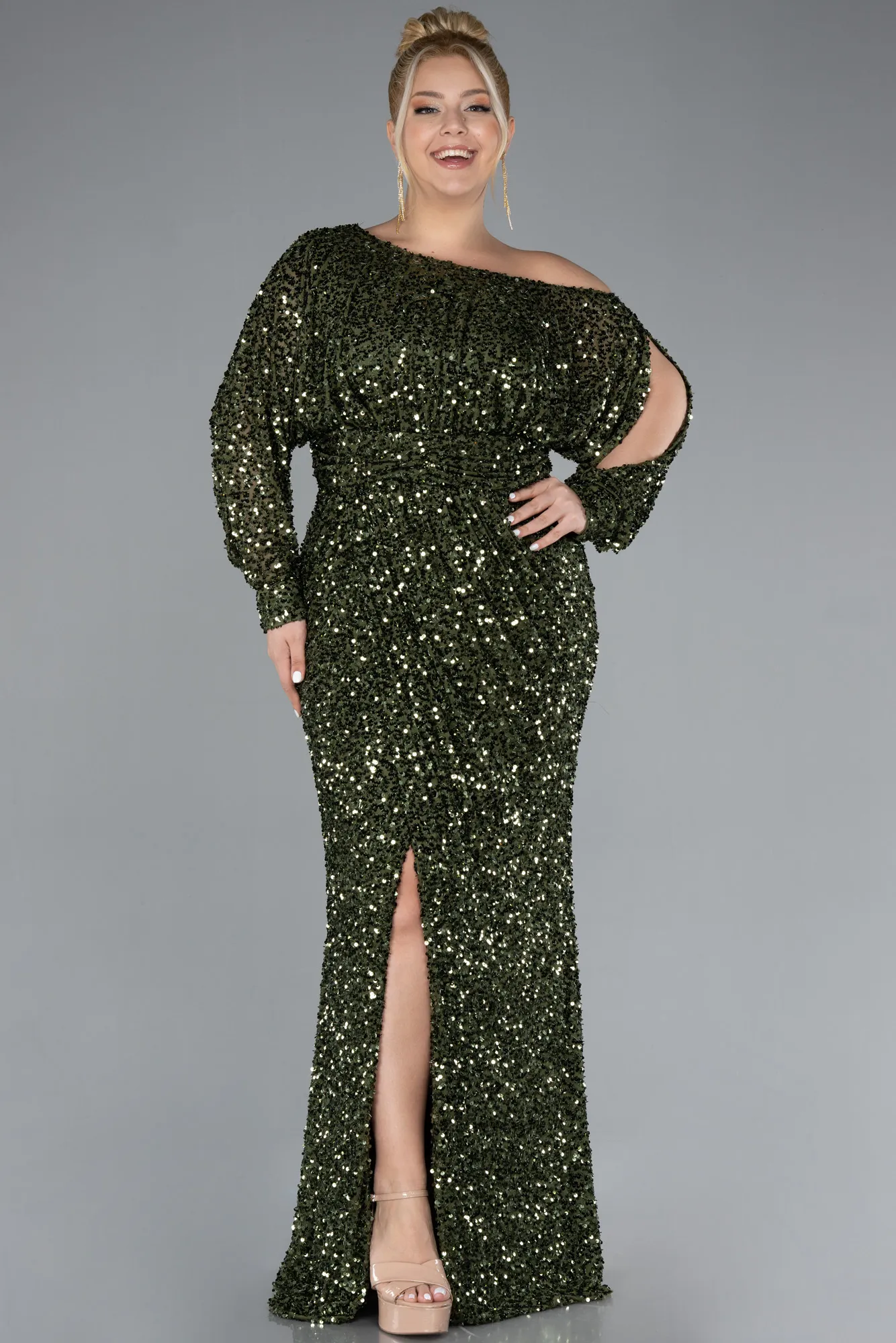 Olive Drab-Slit Long Sleeve Scaly Plus Size Evening Gown ABU4313