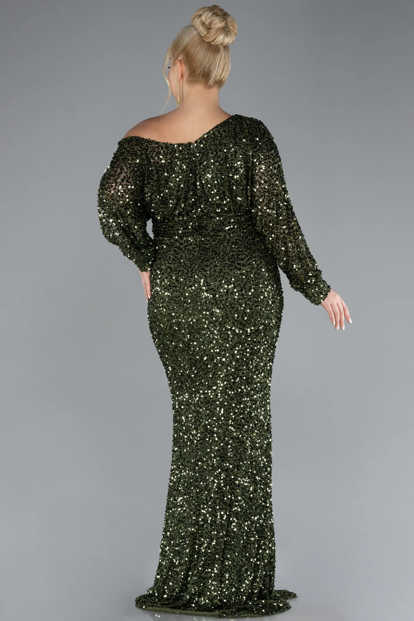 Olive Drab-Slit Long Sleeve Scaly Plus Size Evening Gown ABU4313