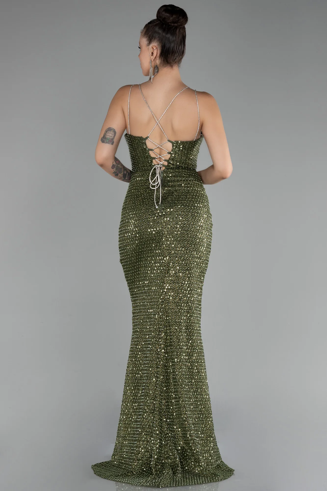 Olive Drab-Slit Long Stony Evening Dress ABU4164