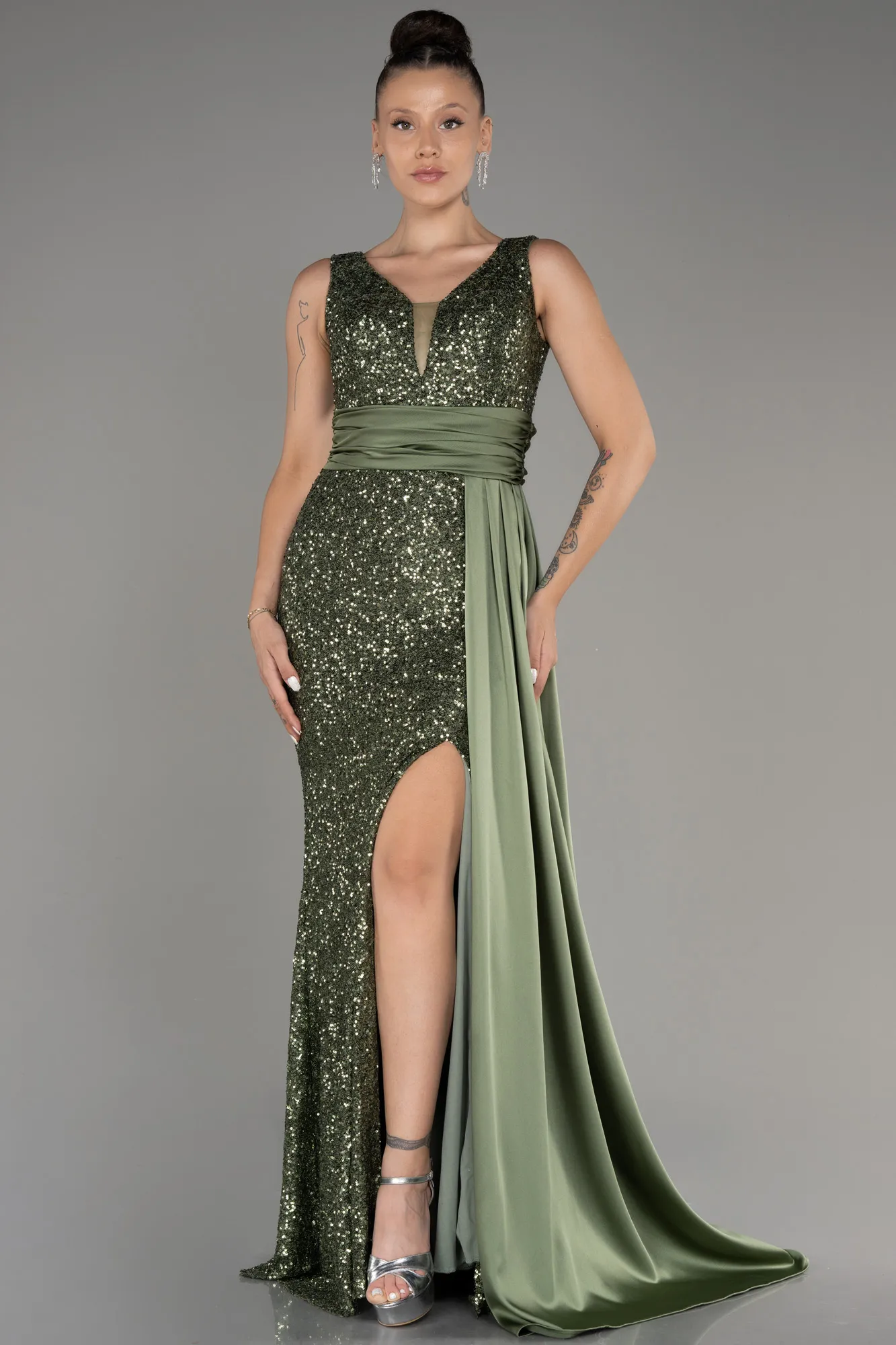 Olive Drab-Slit Sequined Long Evening Dress ABU4028