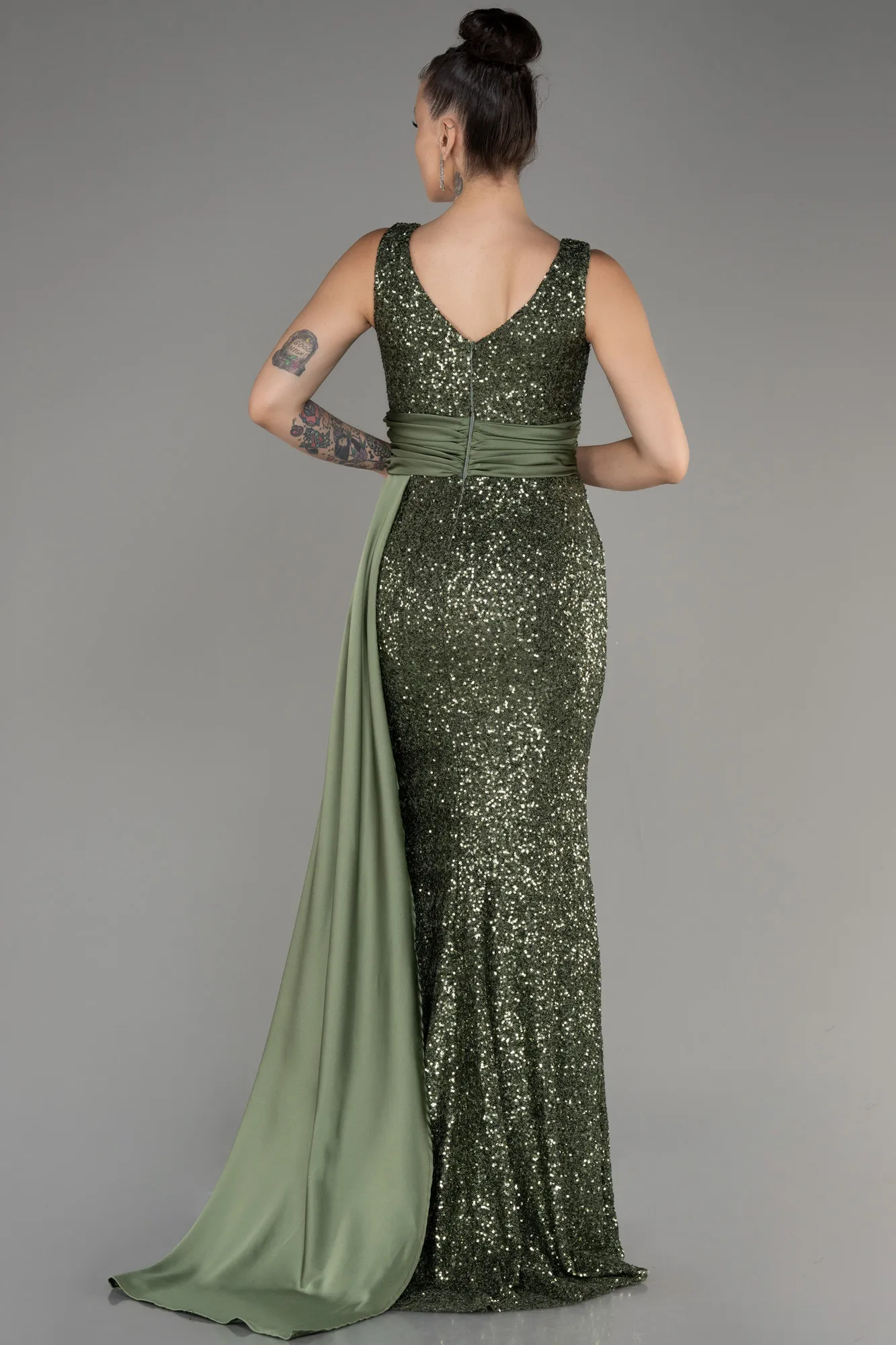 Olive Drab-Slit Sequined Long Evening Dress ABU4028