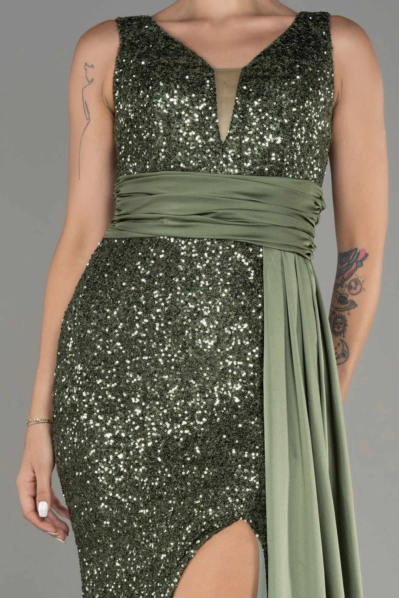 Olive Drab-Slit Sequined Long Evening Dress ABU4028