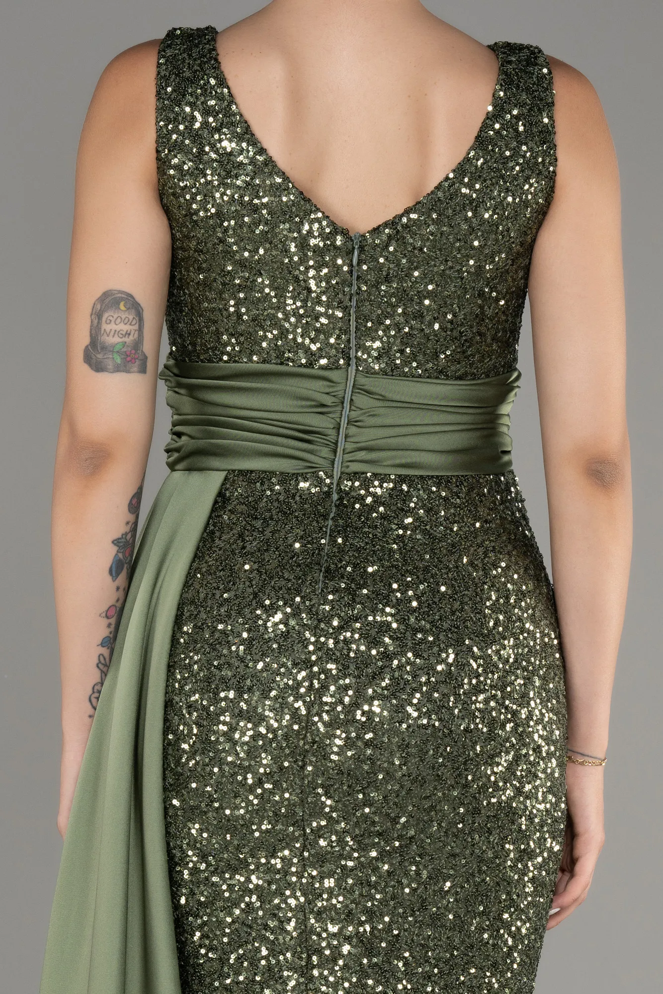 Olive Drab-Slit Sequined Long Evening Dress ABU4028