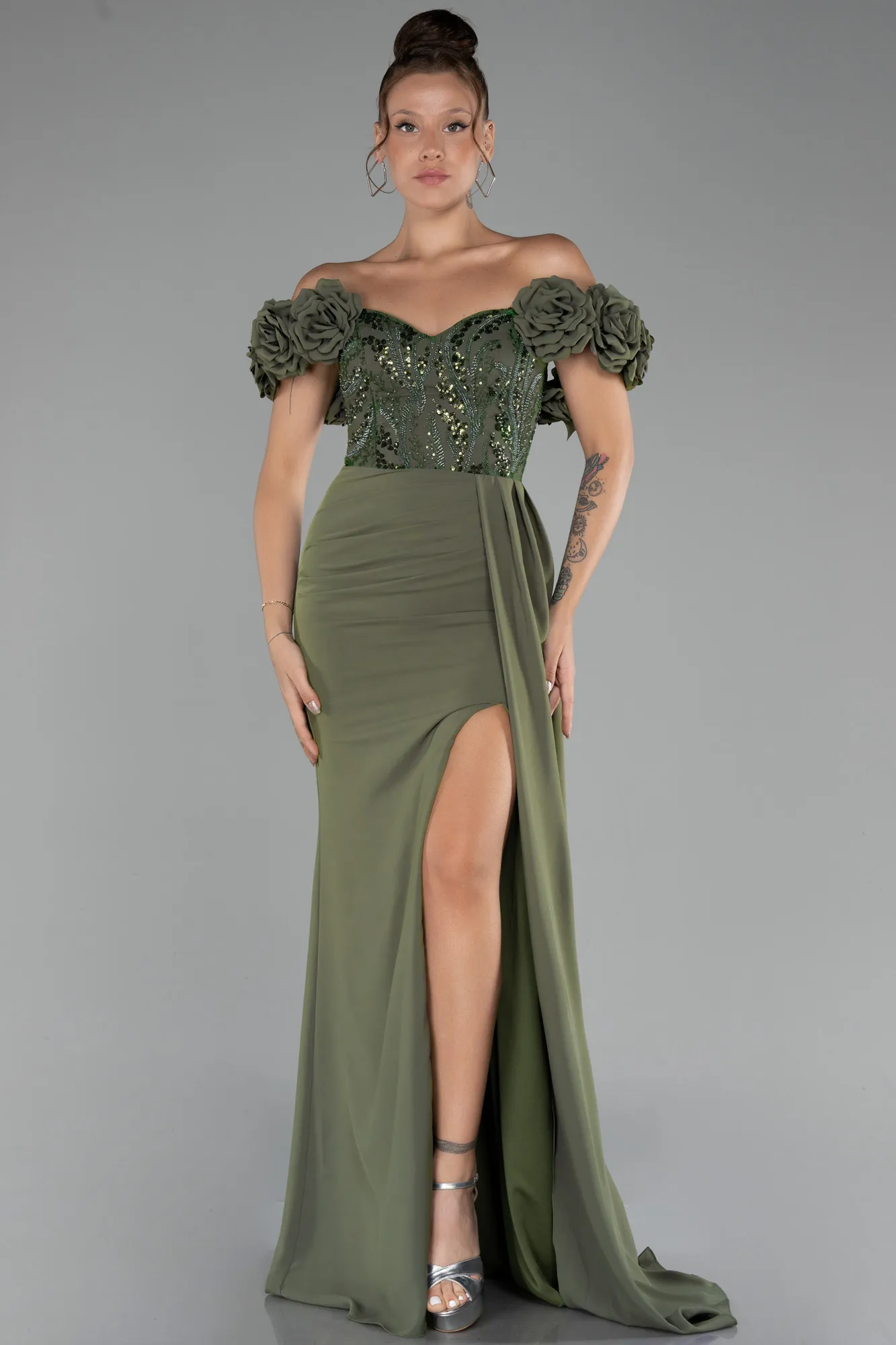 Olive Drab-Slit Strap Flowers Long Chiffon Evening Gown ABU4272