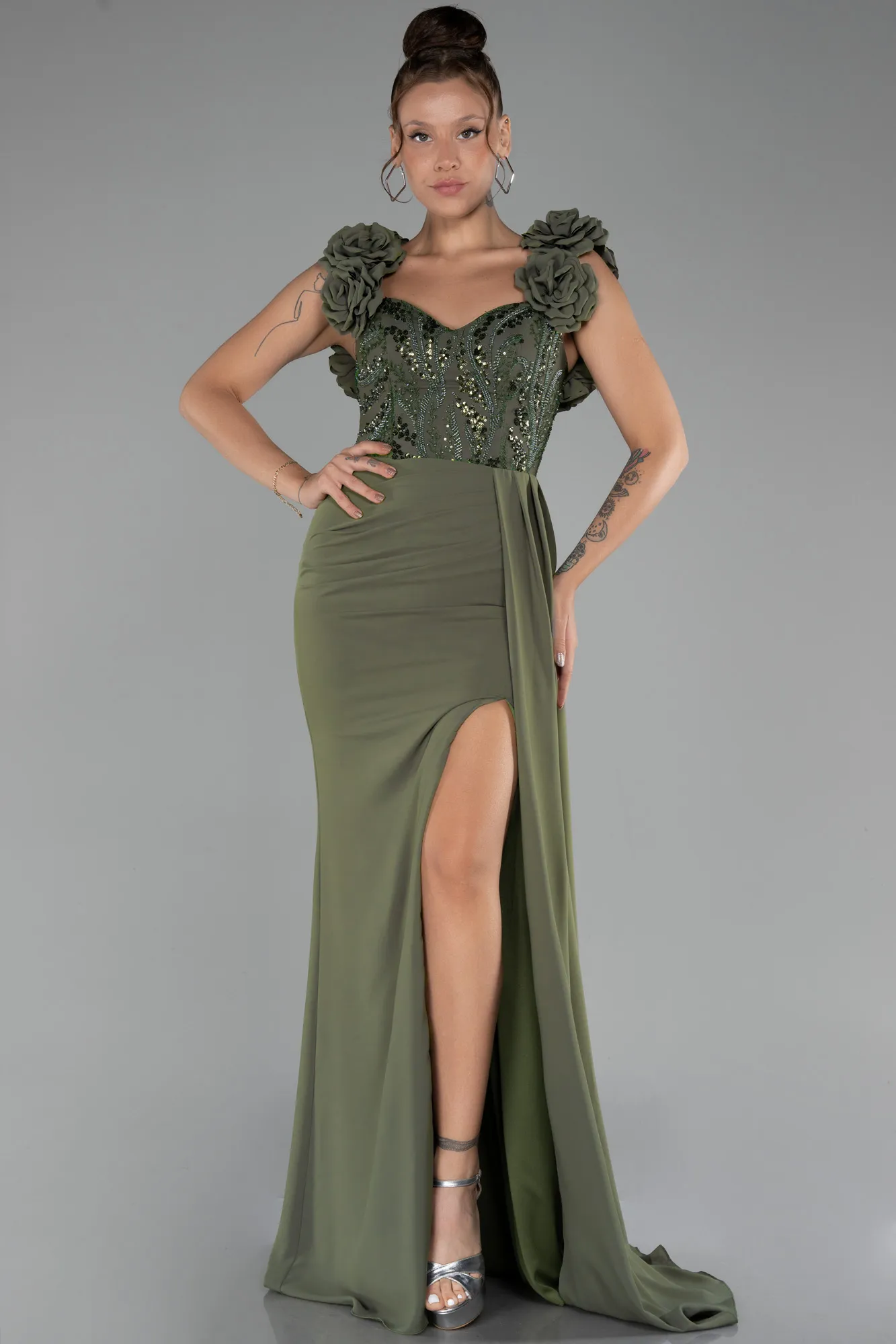 Olive Drab-Slit Strap Flowers Long Chiffon Evening Gown ABU4272