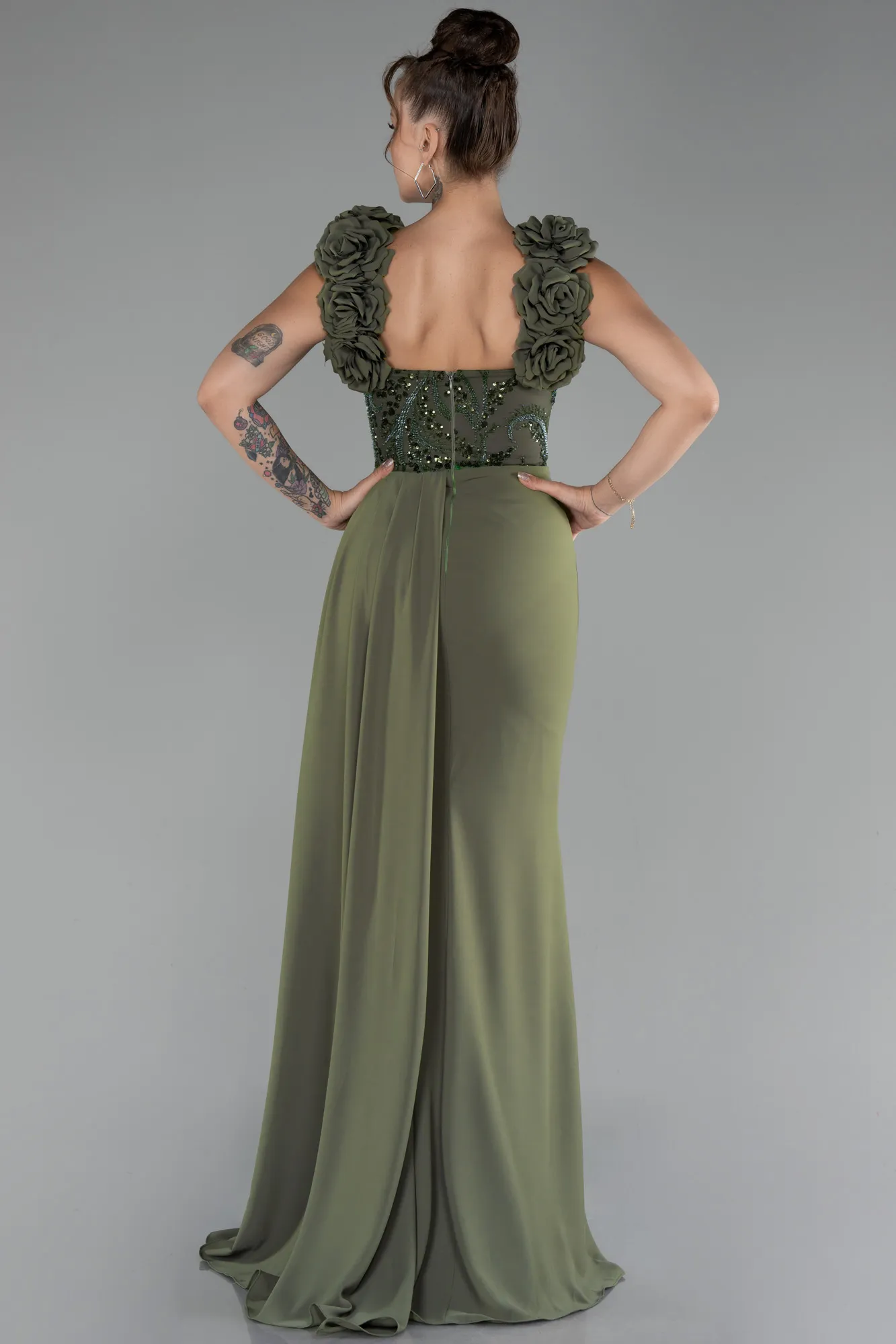 Olive Drab-Slit Strap Flowers Long Chiffon Evening Gown ABU4272