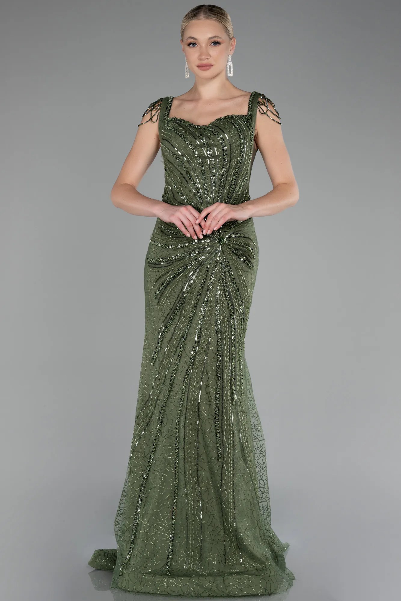 Olive Drab-Stone Embroidered Long Special Design Evening Dress ABU4061