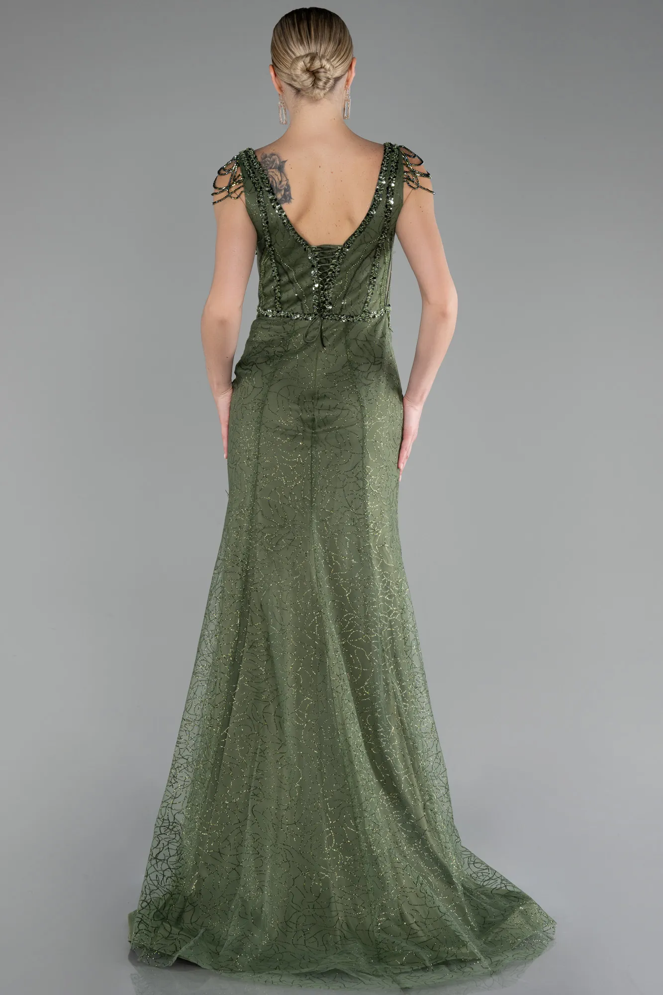 Olive Drab-Stone Embroidered Long Special Design Evening Dress ABU4061