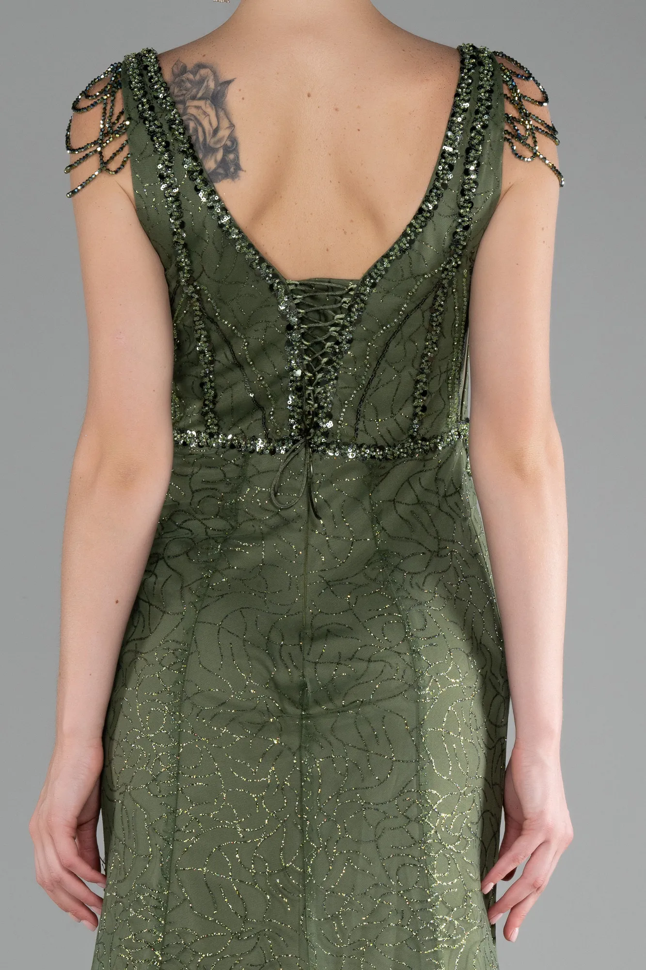 Olive Drab-Stone Embroidered Long Special Design Evening Dress ABU4061