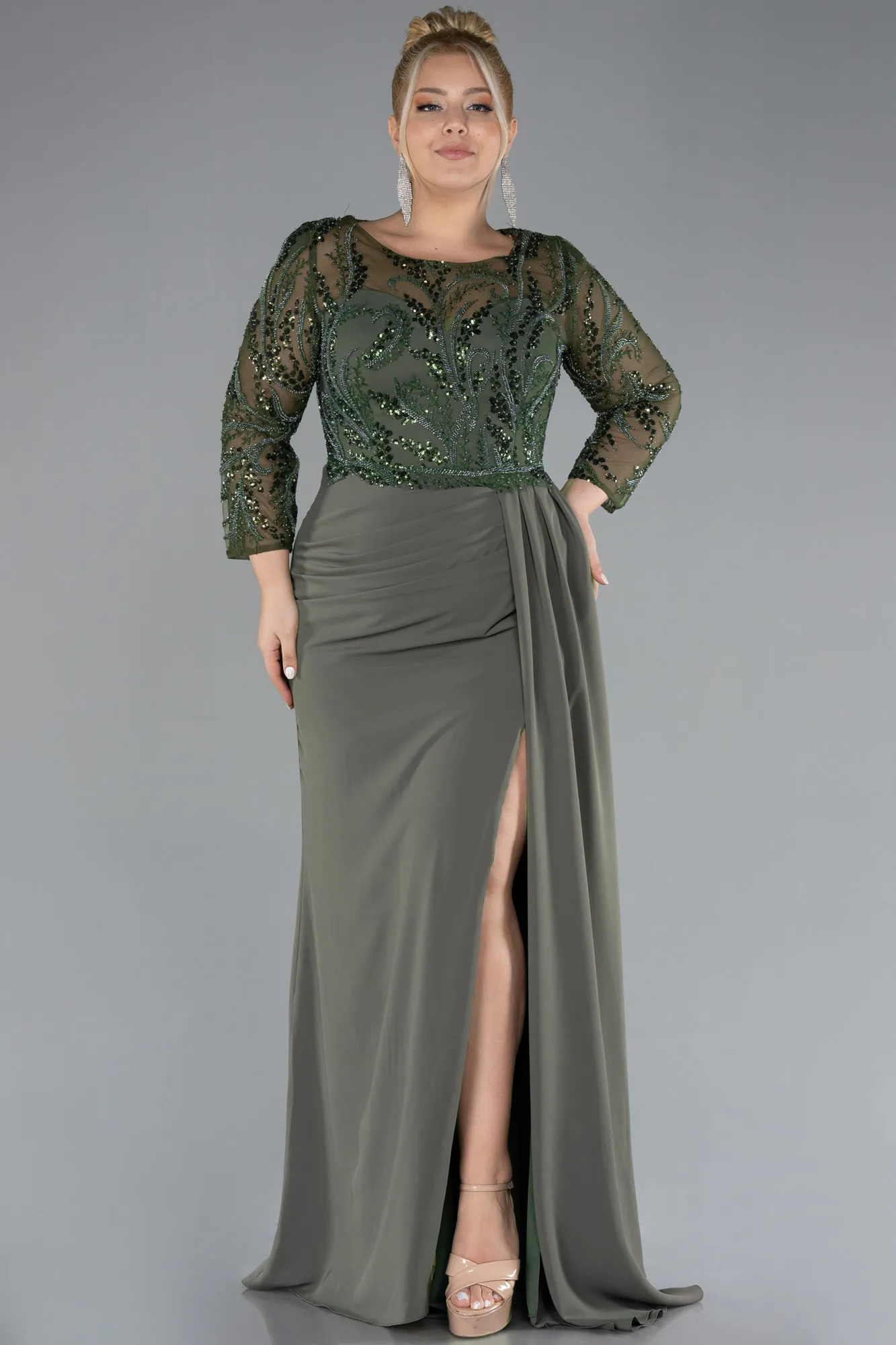 Olive Drab-Stoned Capri Sleeve Slit Chiffon Plus Size Evening Gown ABU4294