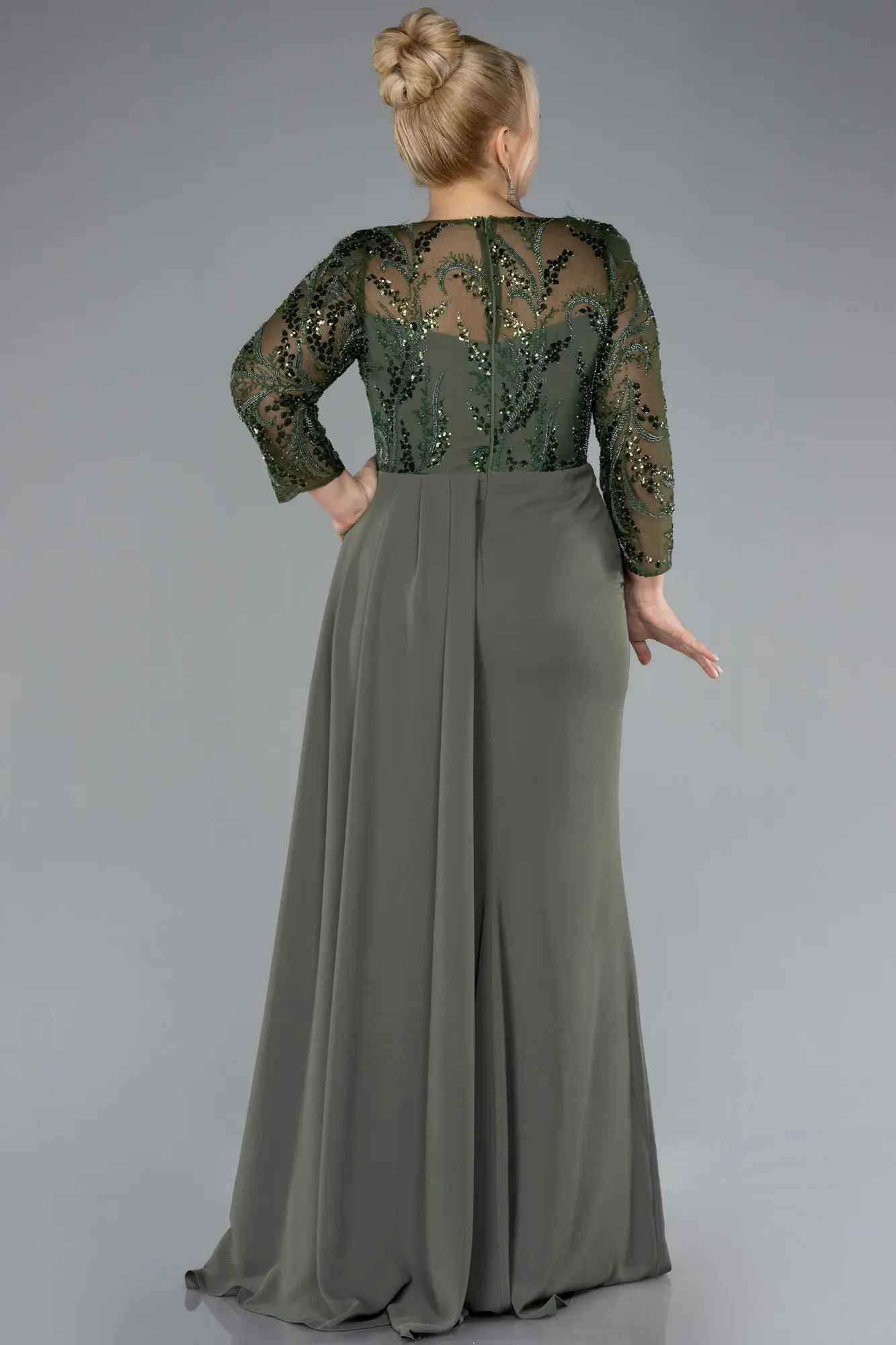 Olive Drab-Stoned Capri Sleeve Slit Chiffon Plus Size Evening Gown ABU4294