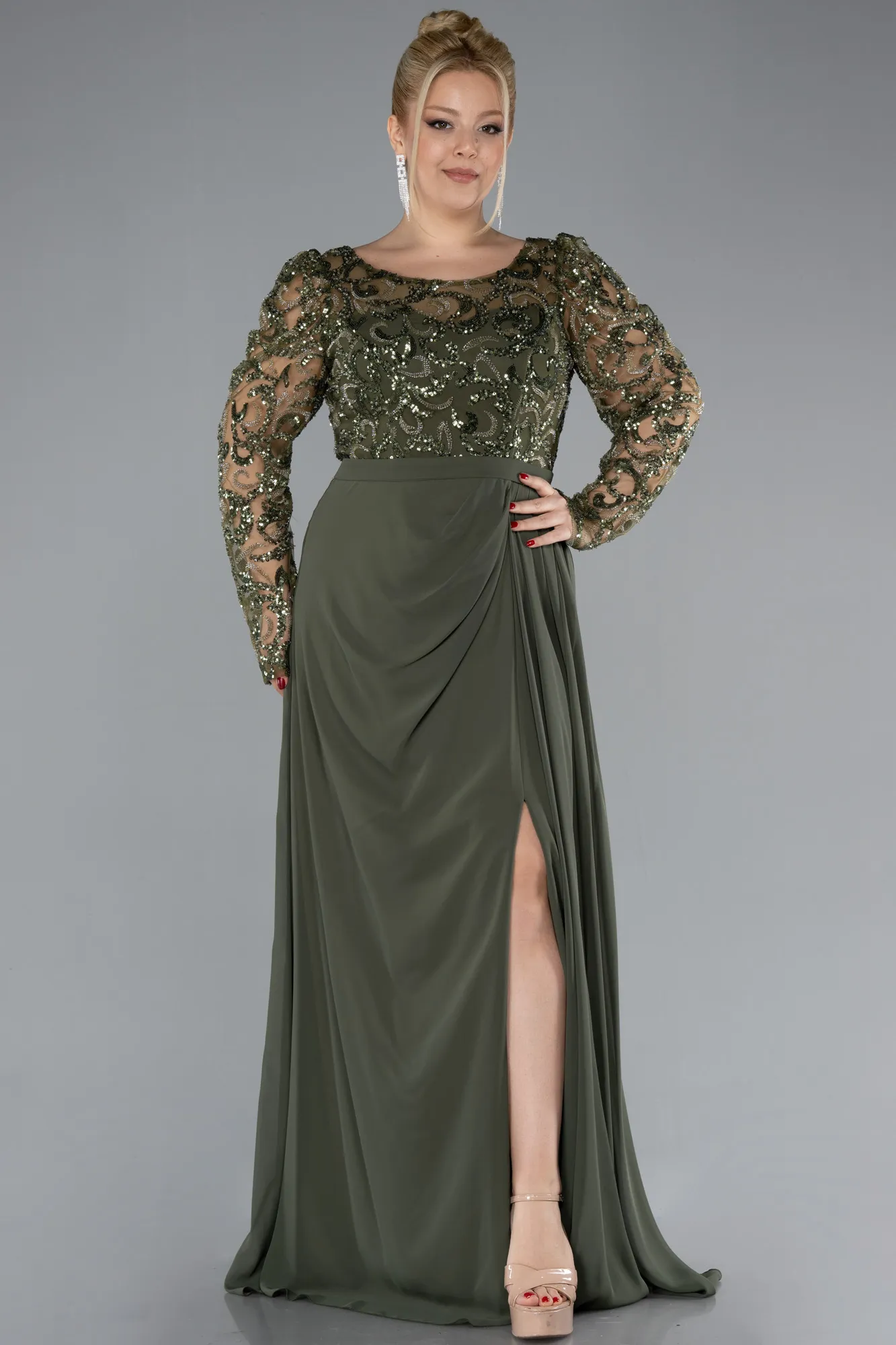 Olive Drab-Stoned Long Sleeve Slit Chiffon Plus Size Evenin Gown ABU4506