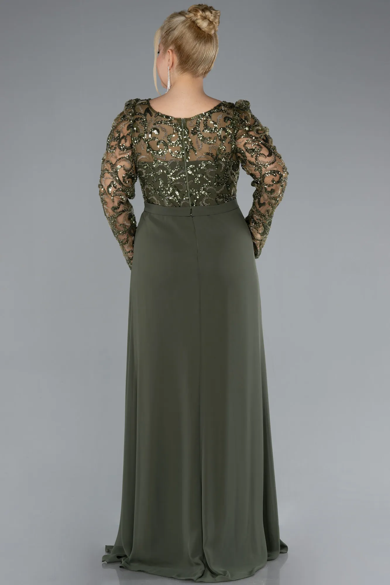 Olive Drab-Stoned Long Sleeve Slit Chiffon Plus Size Evenin Gown ABU4506