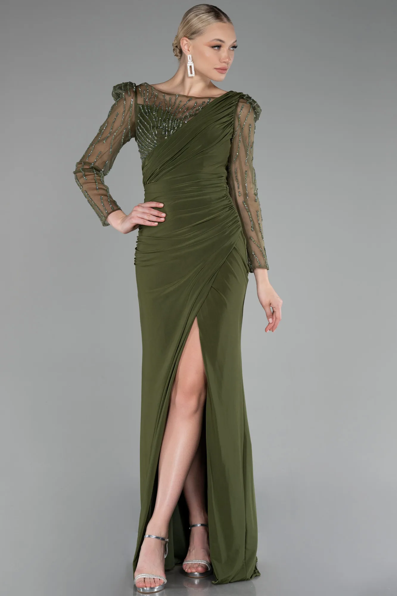 Olive Drab-Stoned Long Sleeve Slit Evening Gown ABU4117