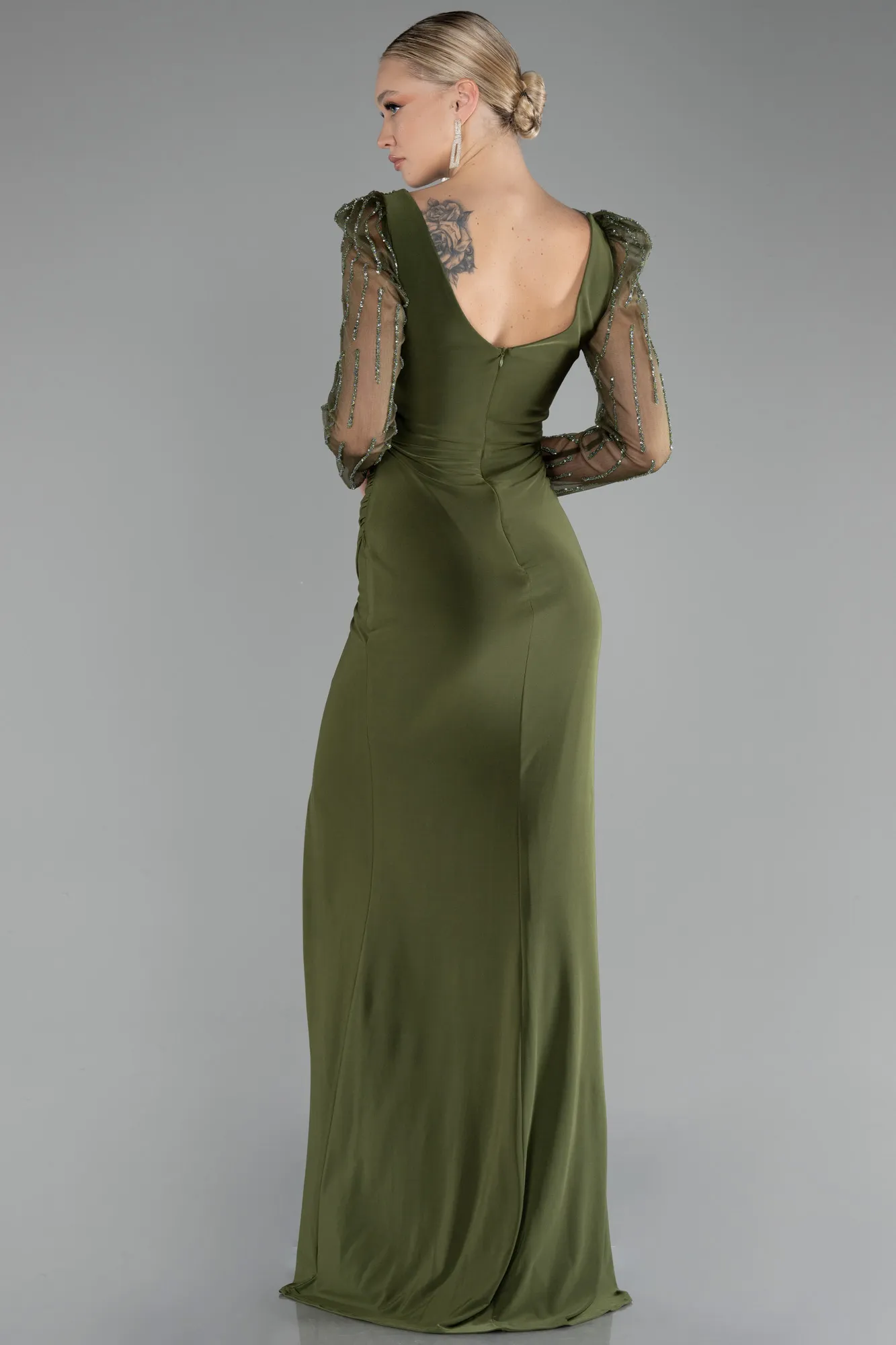 Olive Drab-Stoned Long Sleeve Slit Evening Gown ABU4117