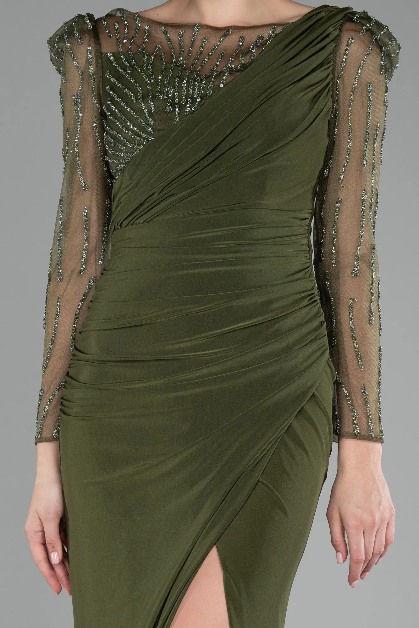 Olive Drab-Stoned Long Sleeve Slit Evening Gown ABU4117