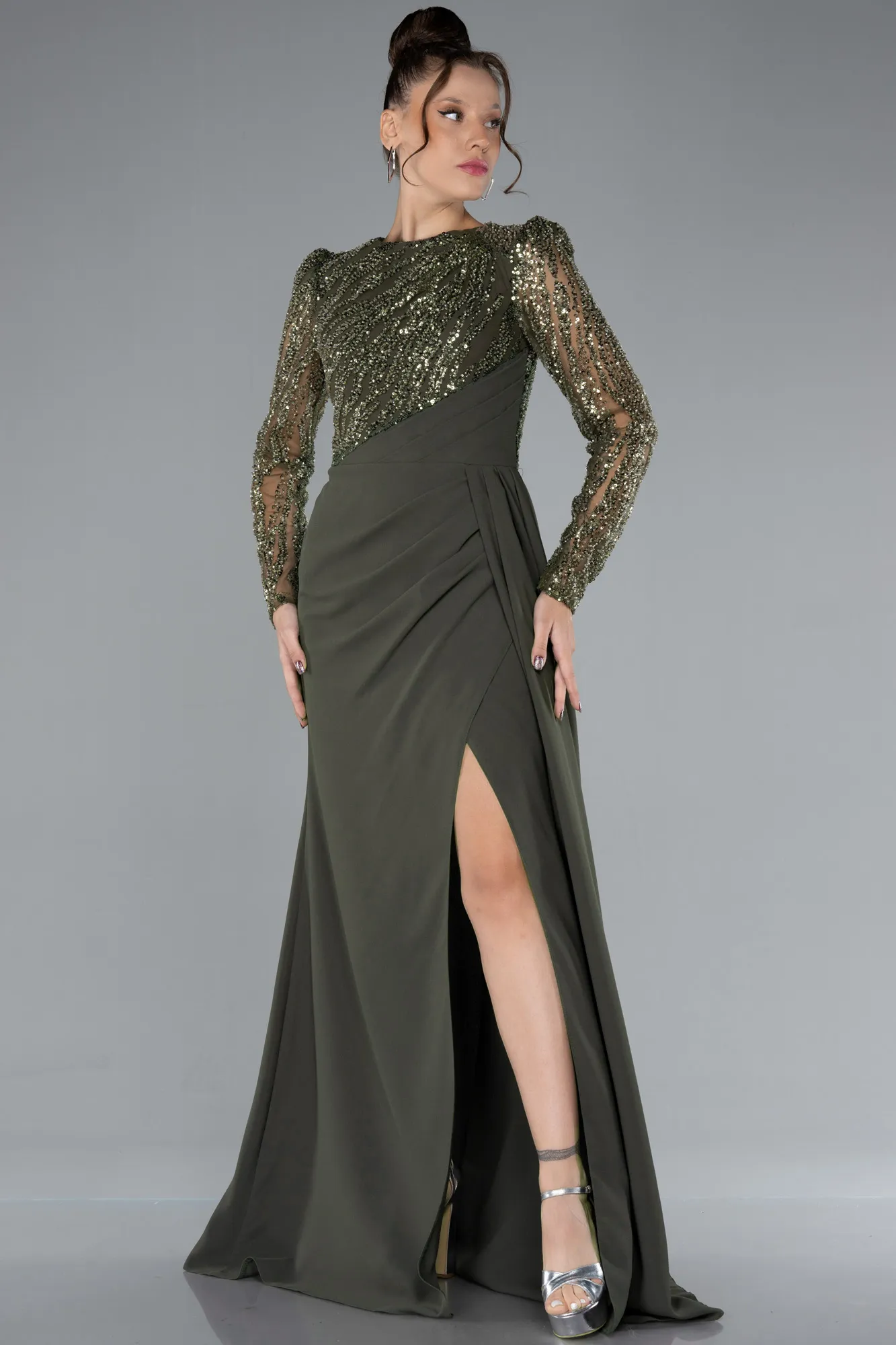 Olive Drab-Stoned Long Sleeve Slit Evening Gown ABU4310