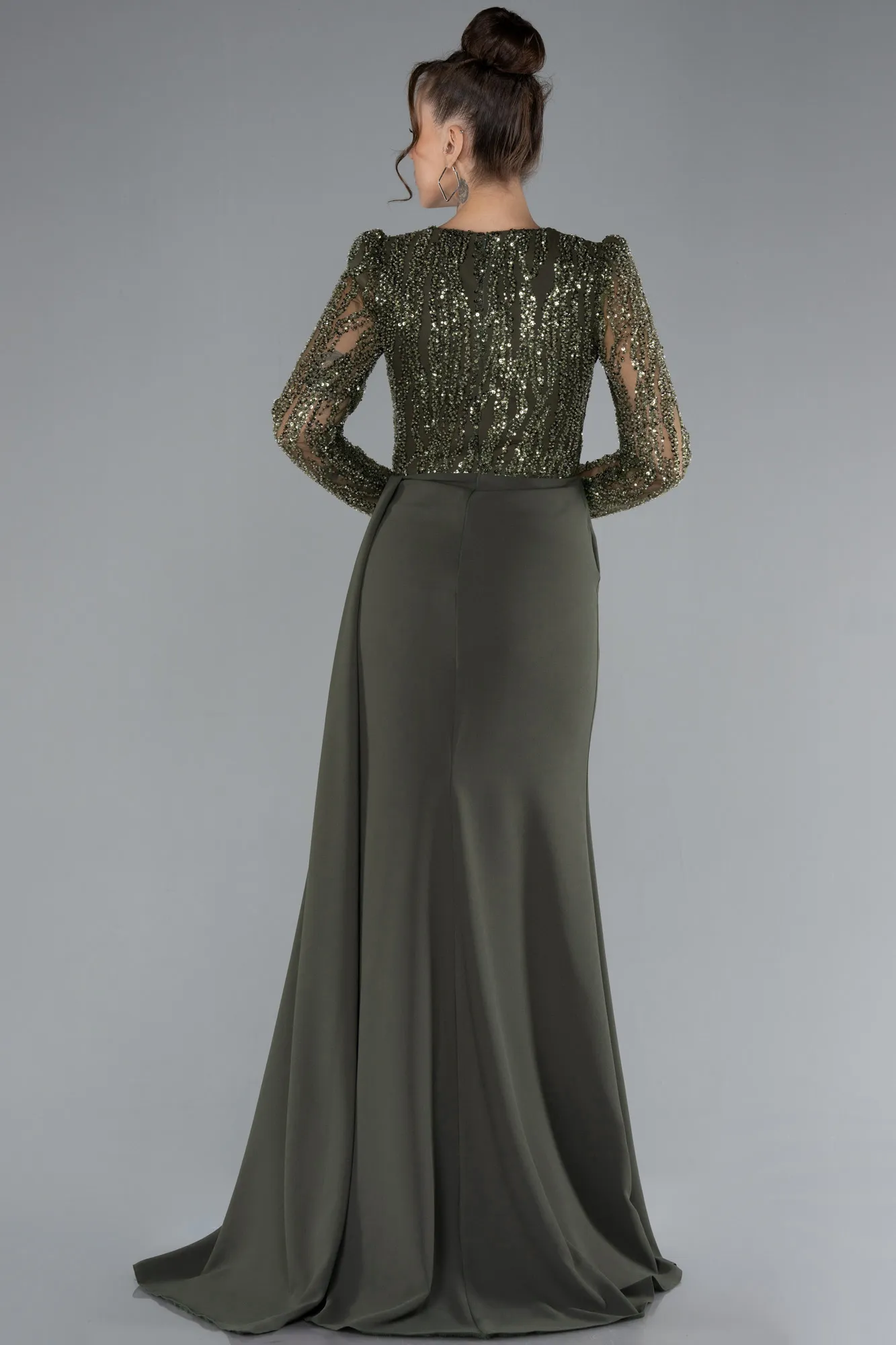 Olive Drab-Stoned Long Sleeve Slit Evening Gown ABU4310