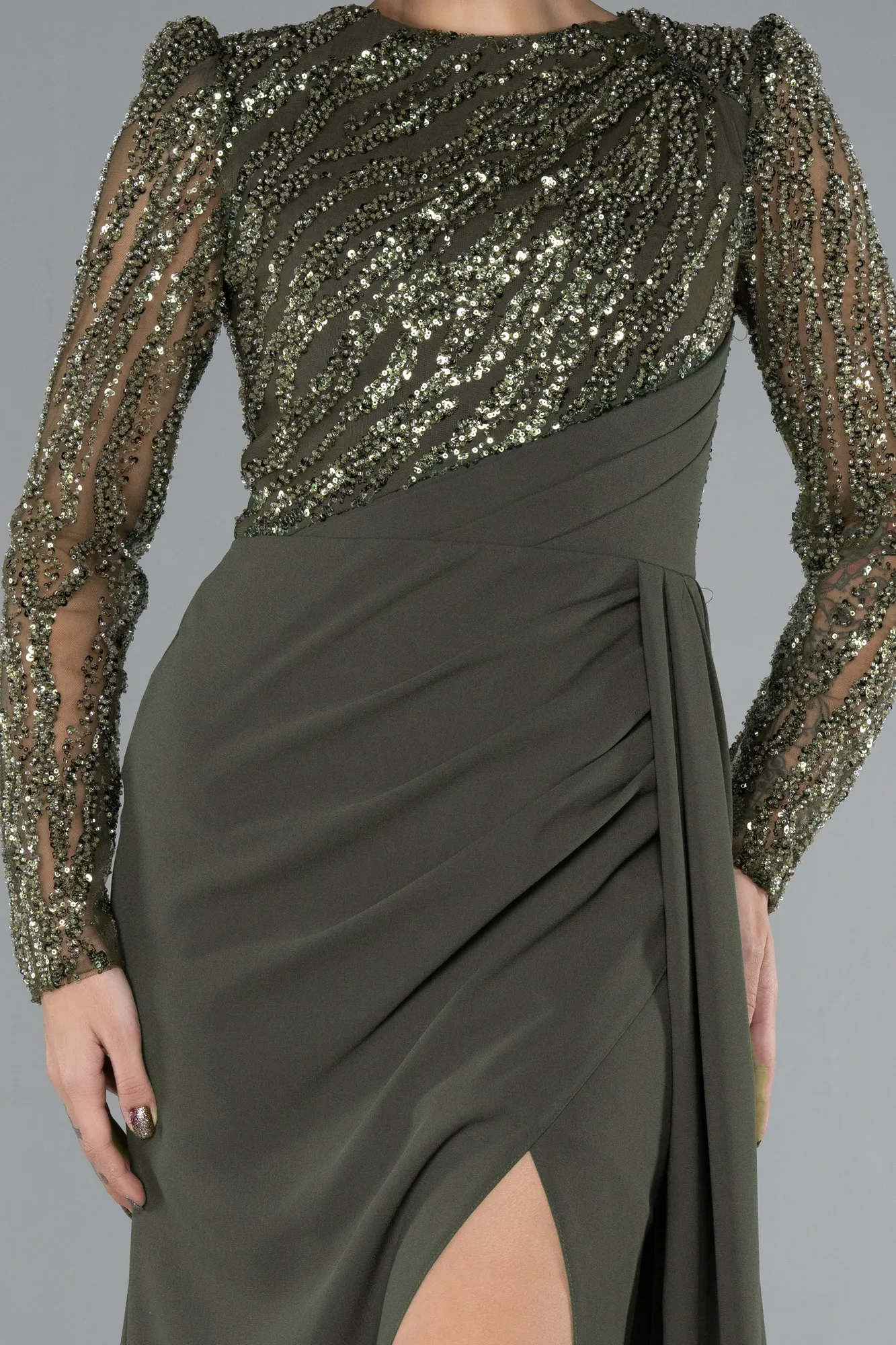 Olive Drab-Stoned Long Sleeve Slit Evening Gown ABU4310