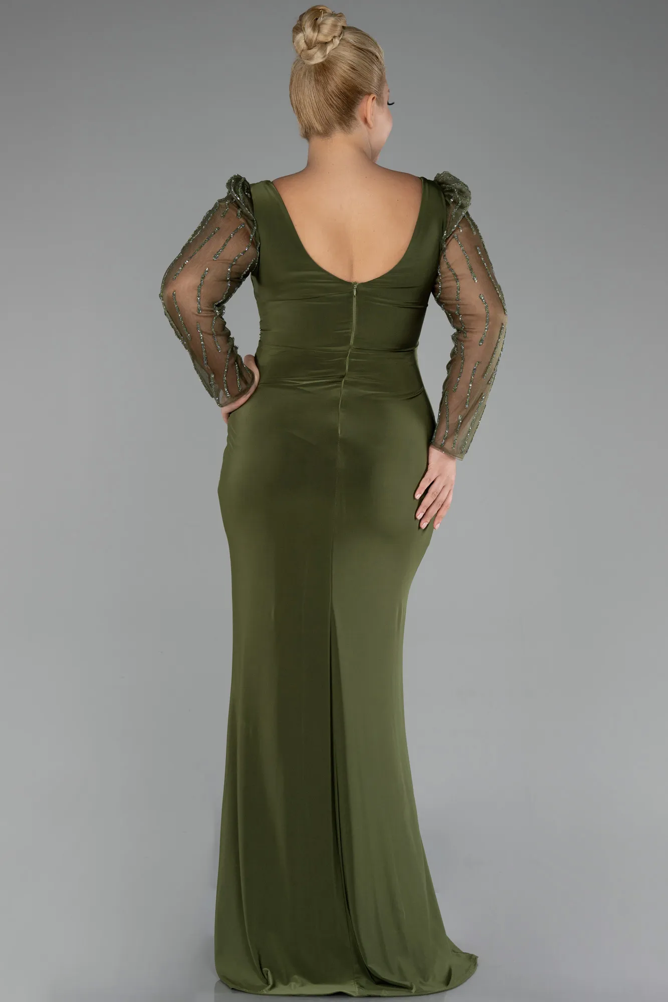 Olive Drab-Stoned Long Sleeve Slit Plus Size Evening Gown ABU4119