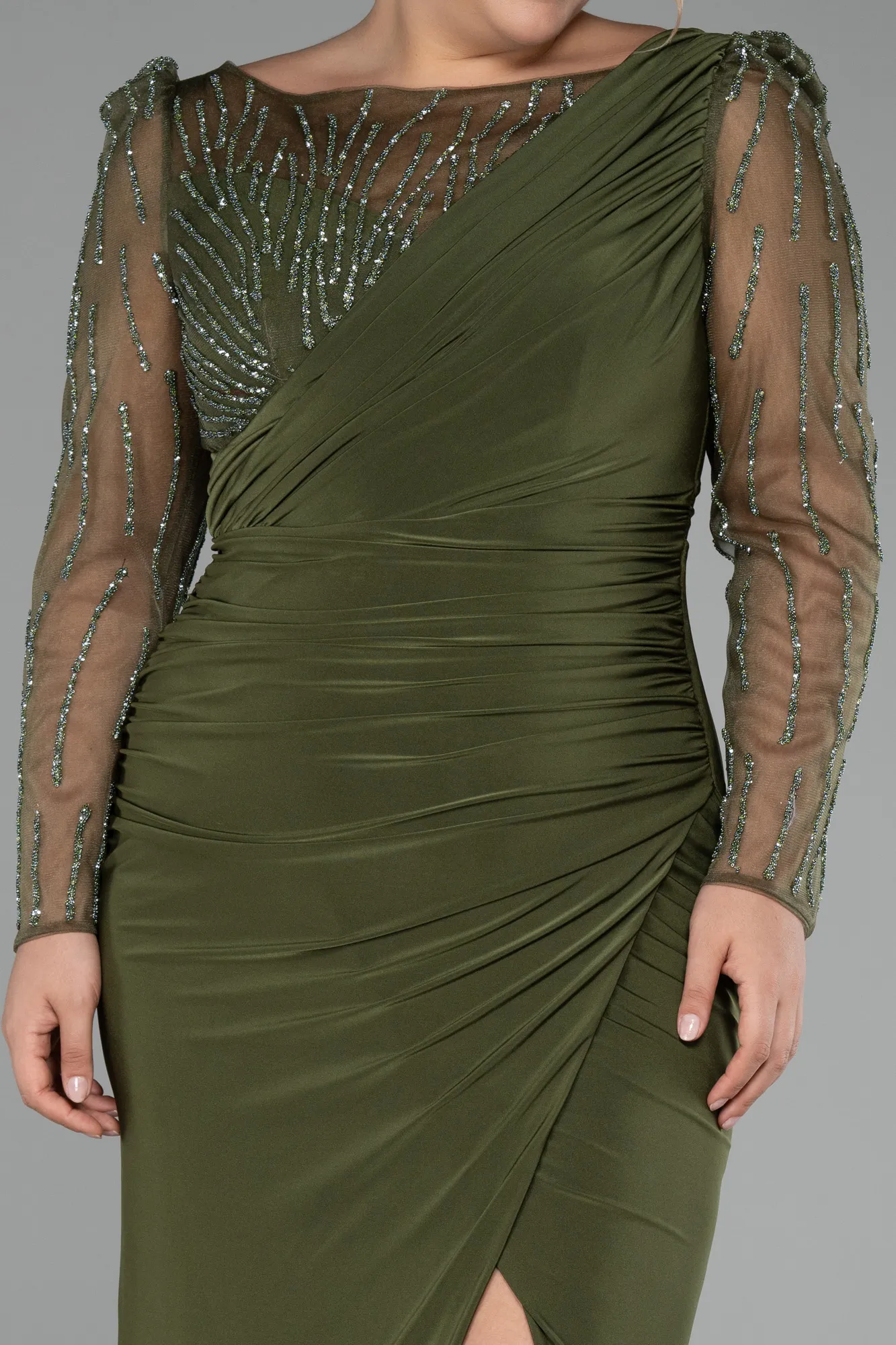 Olive Drab-Stoned Long Sleeve Slit Plus Size Evening Gown ABU4119