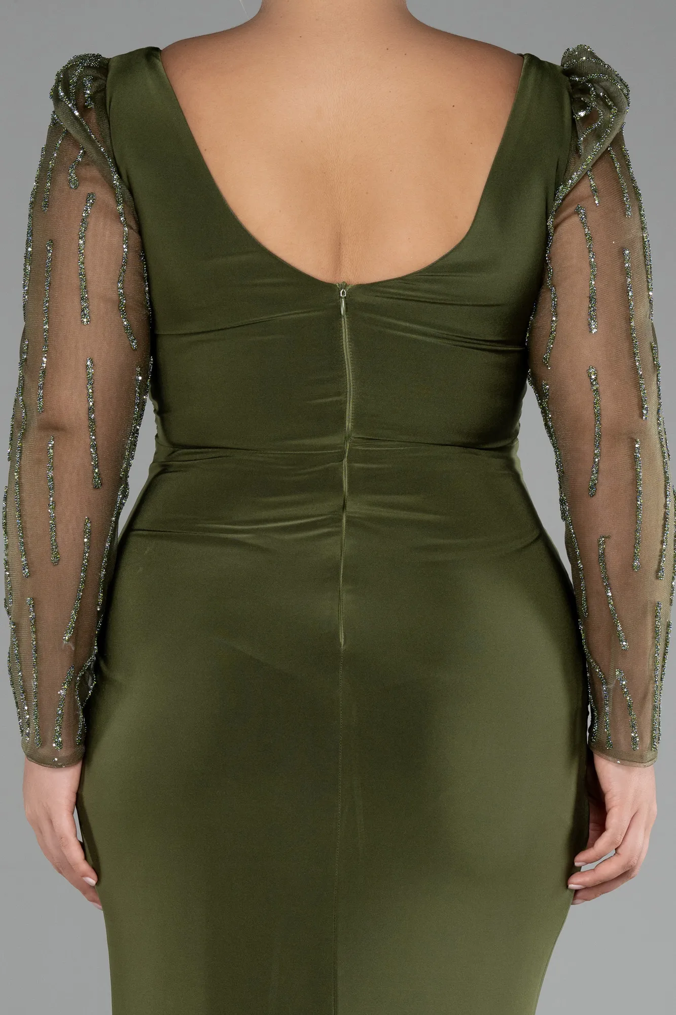 Olive Drab-Stoned Long Sleeve Slit Plus Size Evening Gown ABU4119