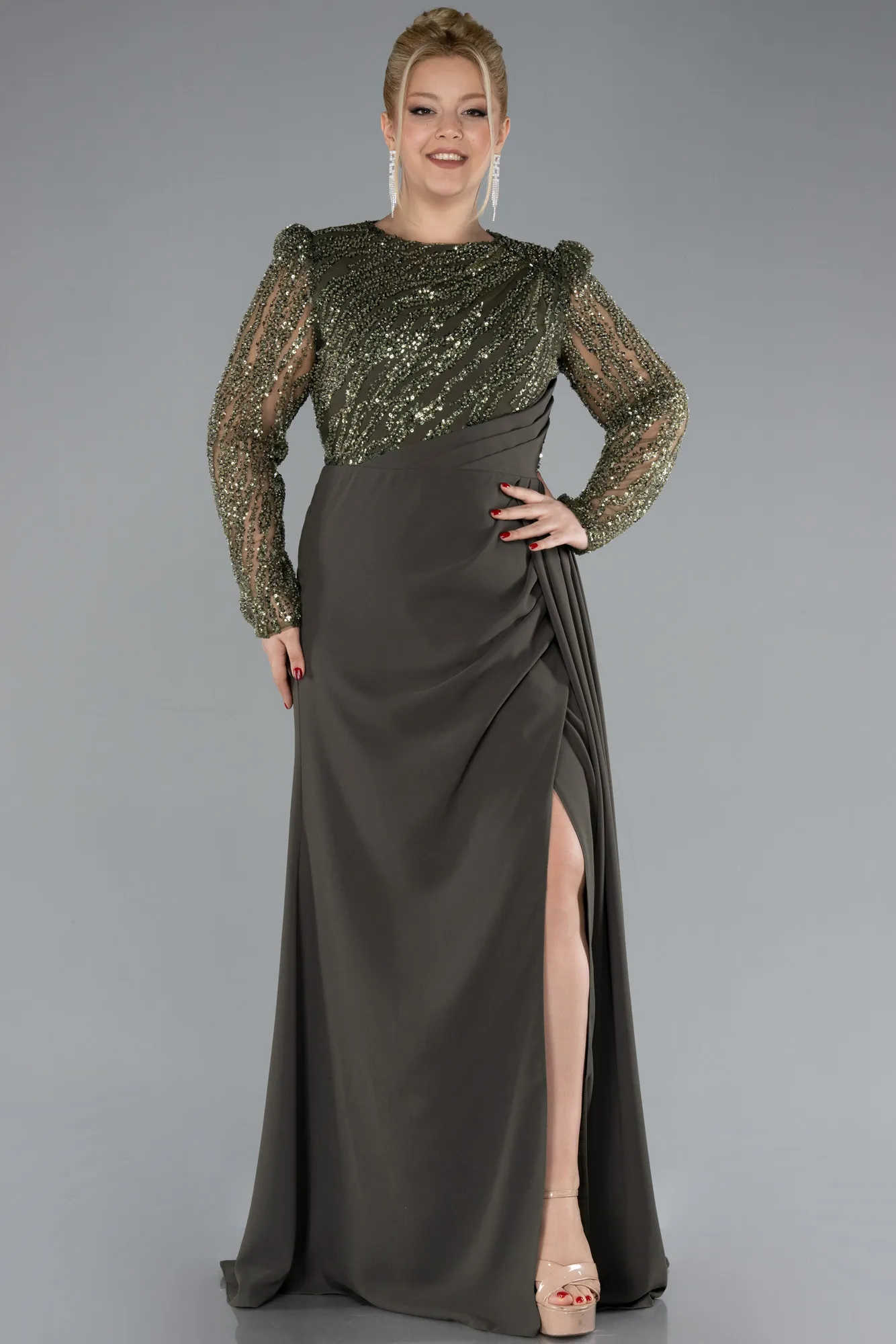 Olive Drab-Stoned Long Sleeve Slit Plus Size Evening Gown ABU4311