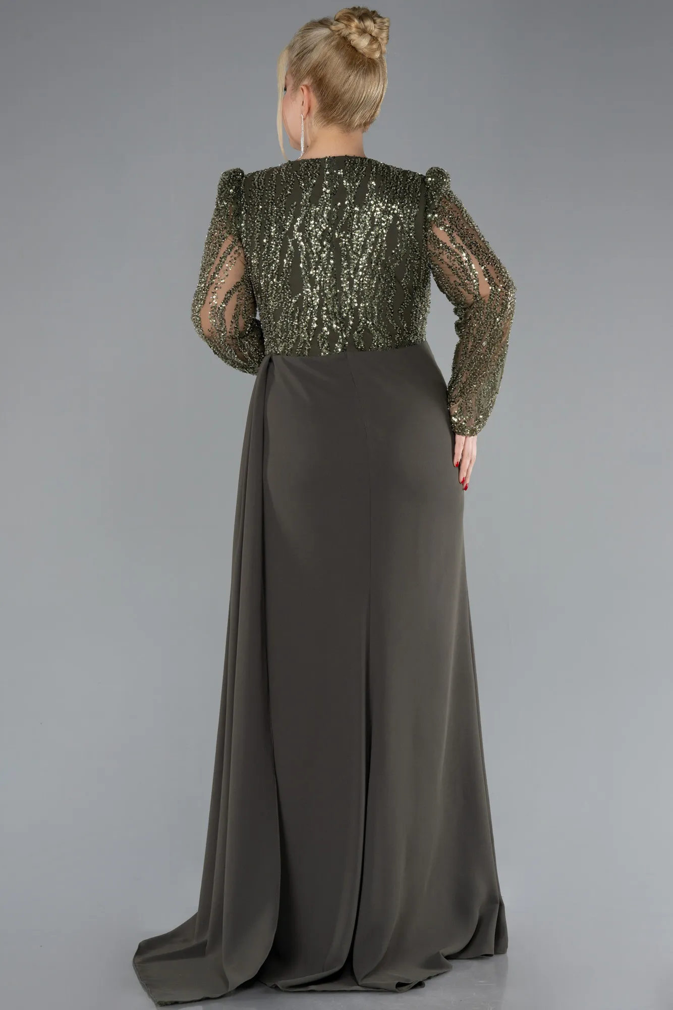 Olive Drab-Stoned Long Sleeve Slit Plus Size Evening Gown ABU4311