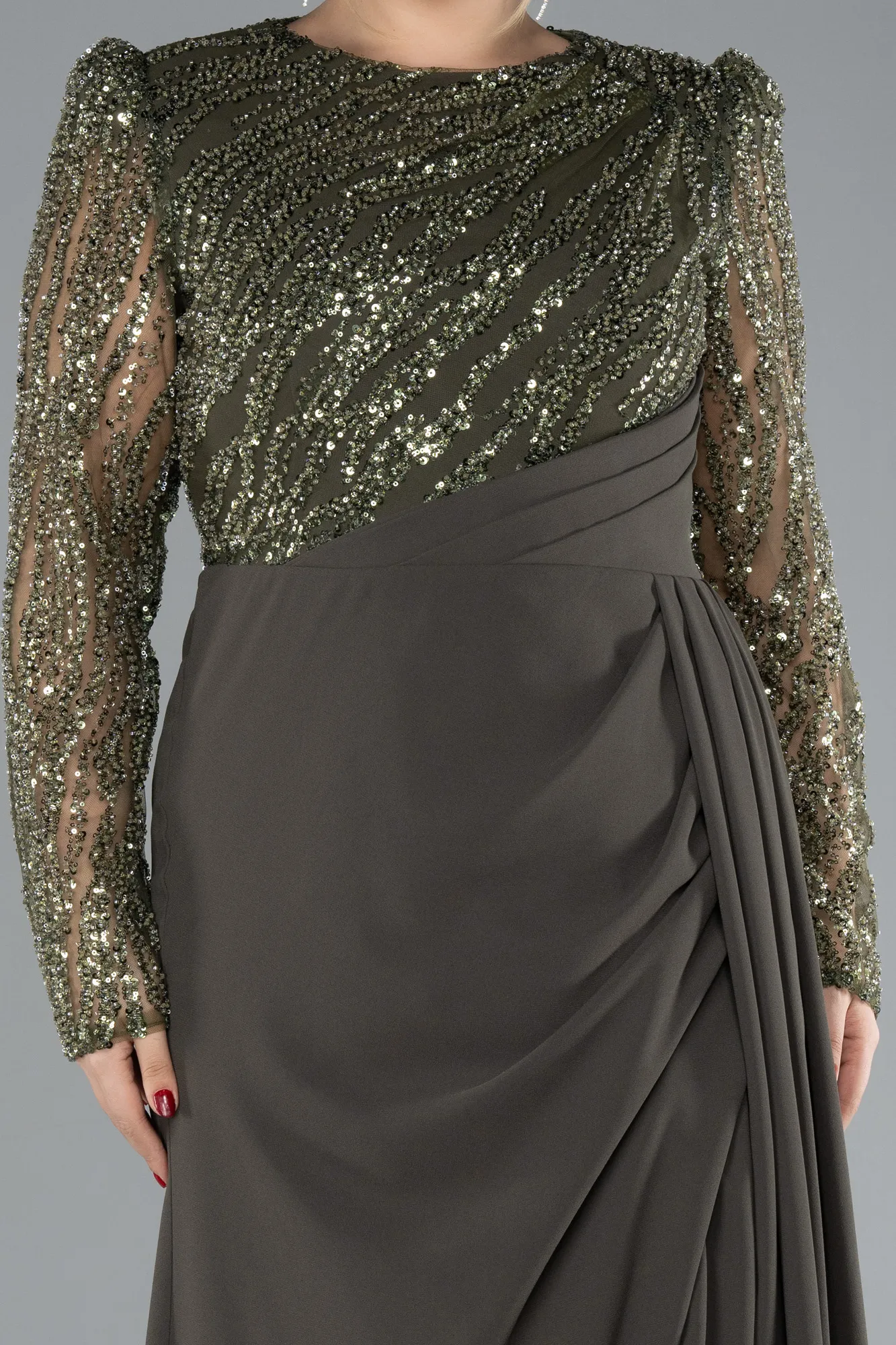 Olive Drab-Stoned Long Sleeve Slit Plus Size Evening Gown ABU4311