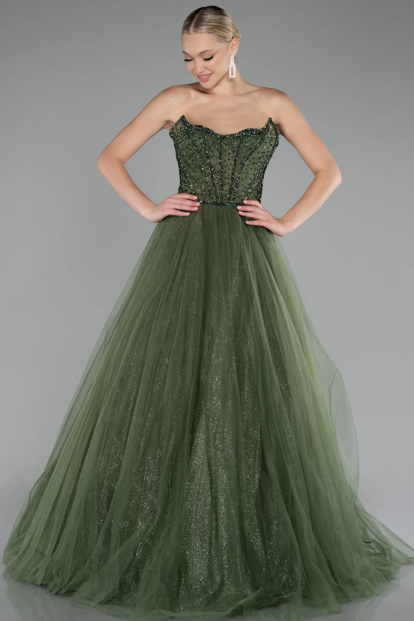 Olive Drab-Stoned Strapless Glitter Collar Long Ball Gown ABU4185