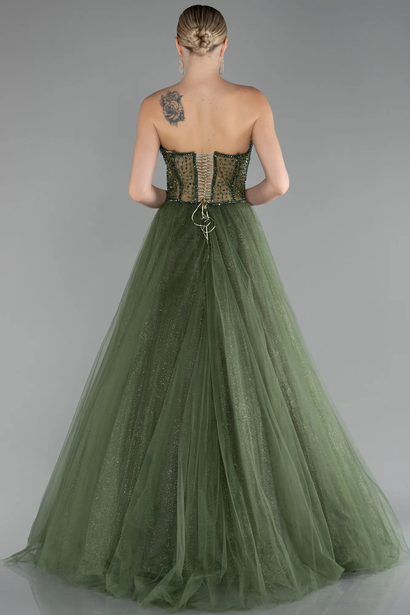 Olive Drab-Stoned Strapless Glitter Collar Long Ball Gown ABU4185