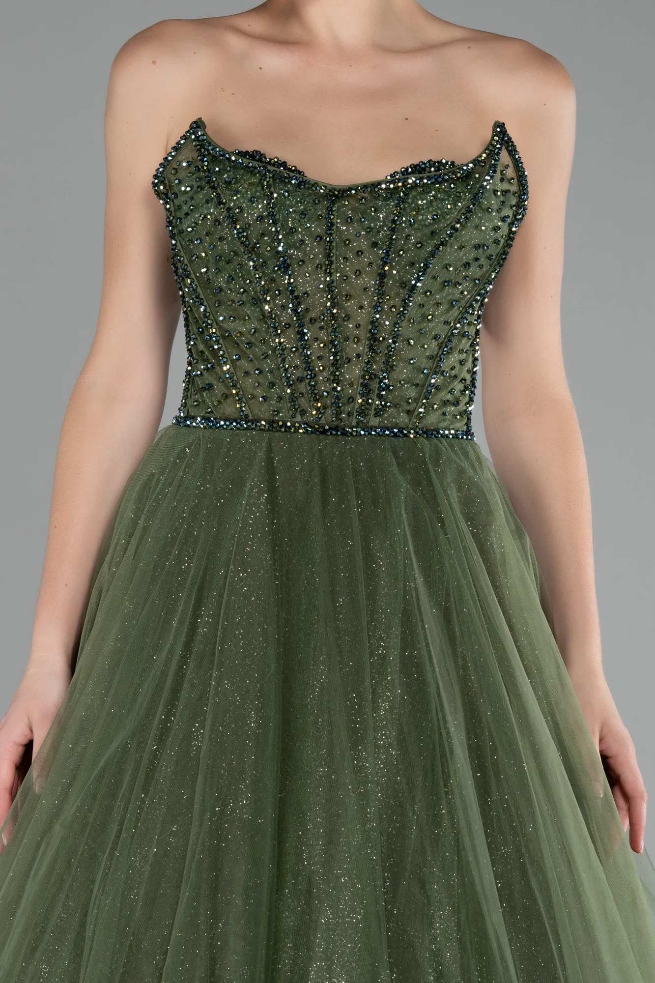 Olive Drab-Stoned Strapless Glitter Collar Long Ball Gown ABU4185