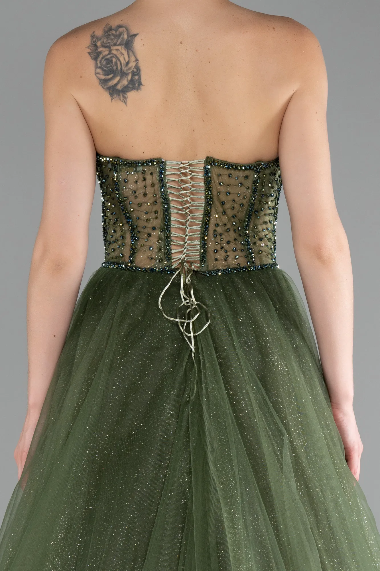 Olive Drab-Stoned Strapless Glitter Collar Long Ball Gown ABU4185