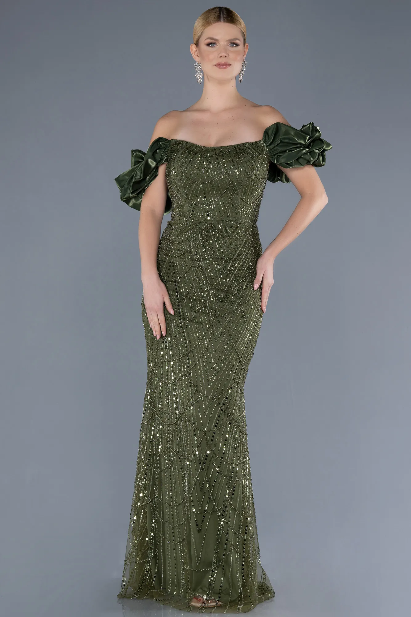 Olive Drab-Stoned Strapless Sleeve Accessories Long Mermaid Evening Gown ABU4509